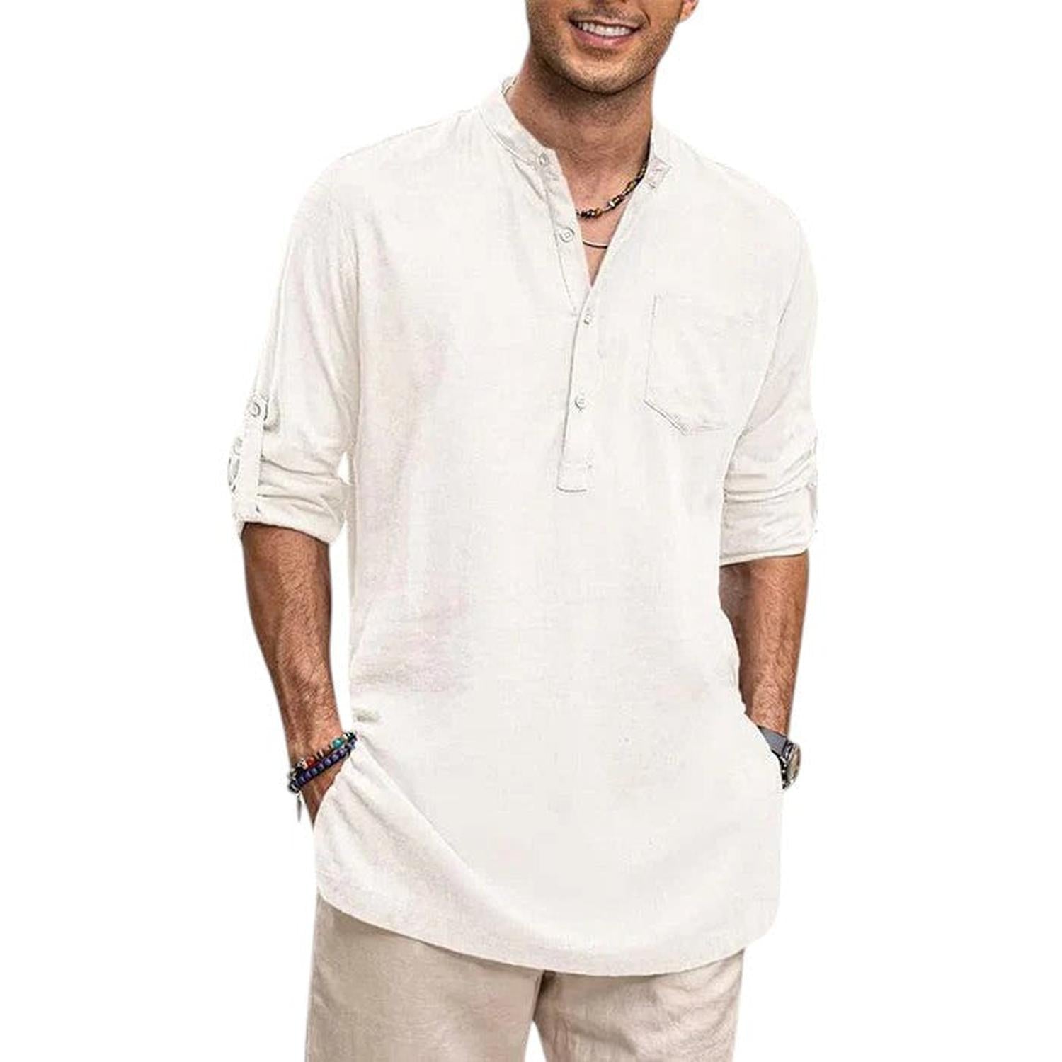 Henley Shirt Men Band Collar Breathable Long Sleeve Casual Fit