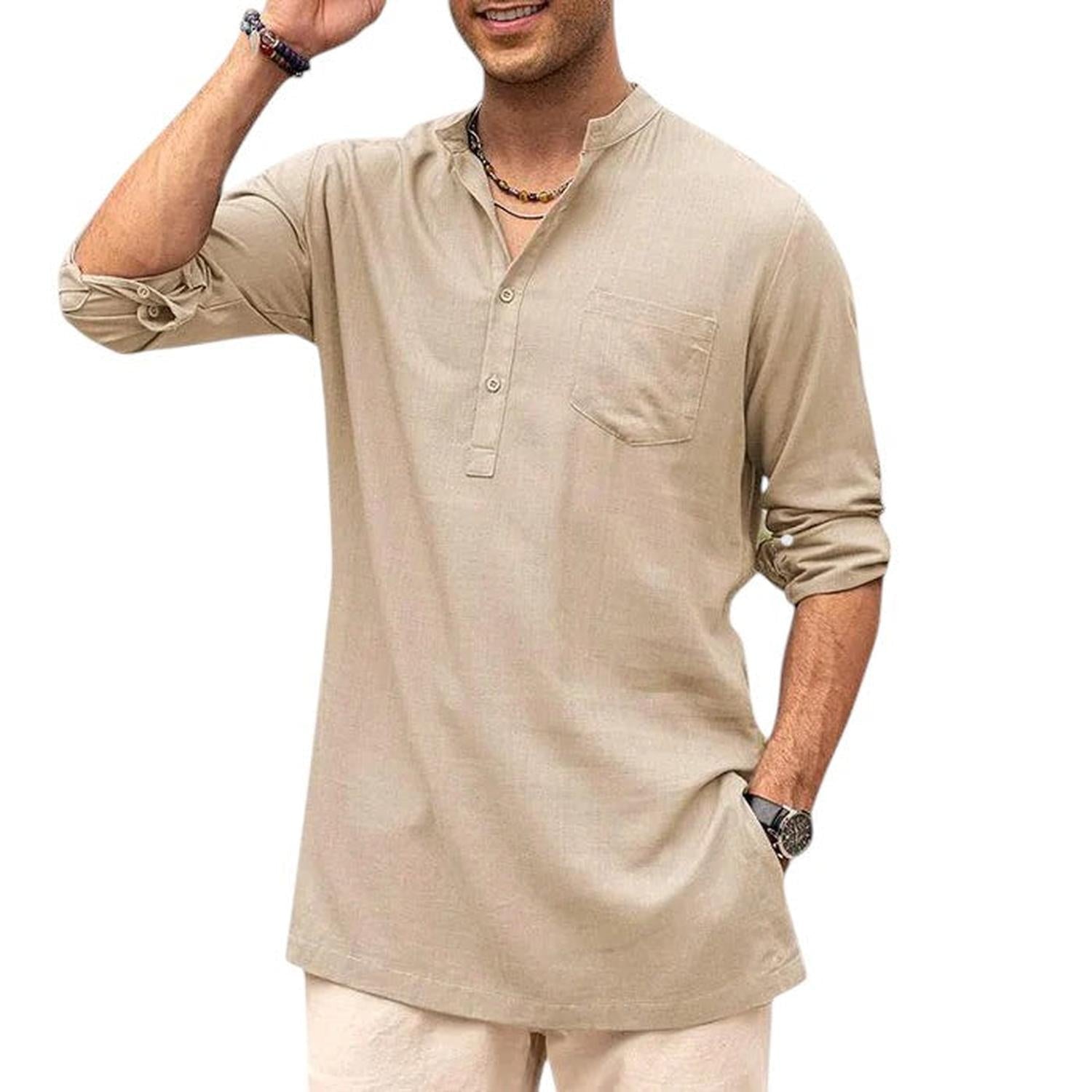 Henley Shirt Men Band Collar Breathable Long Sleeve Casual Fit