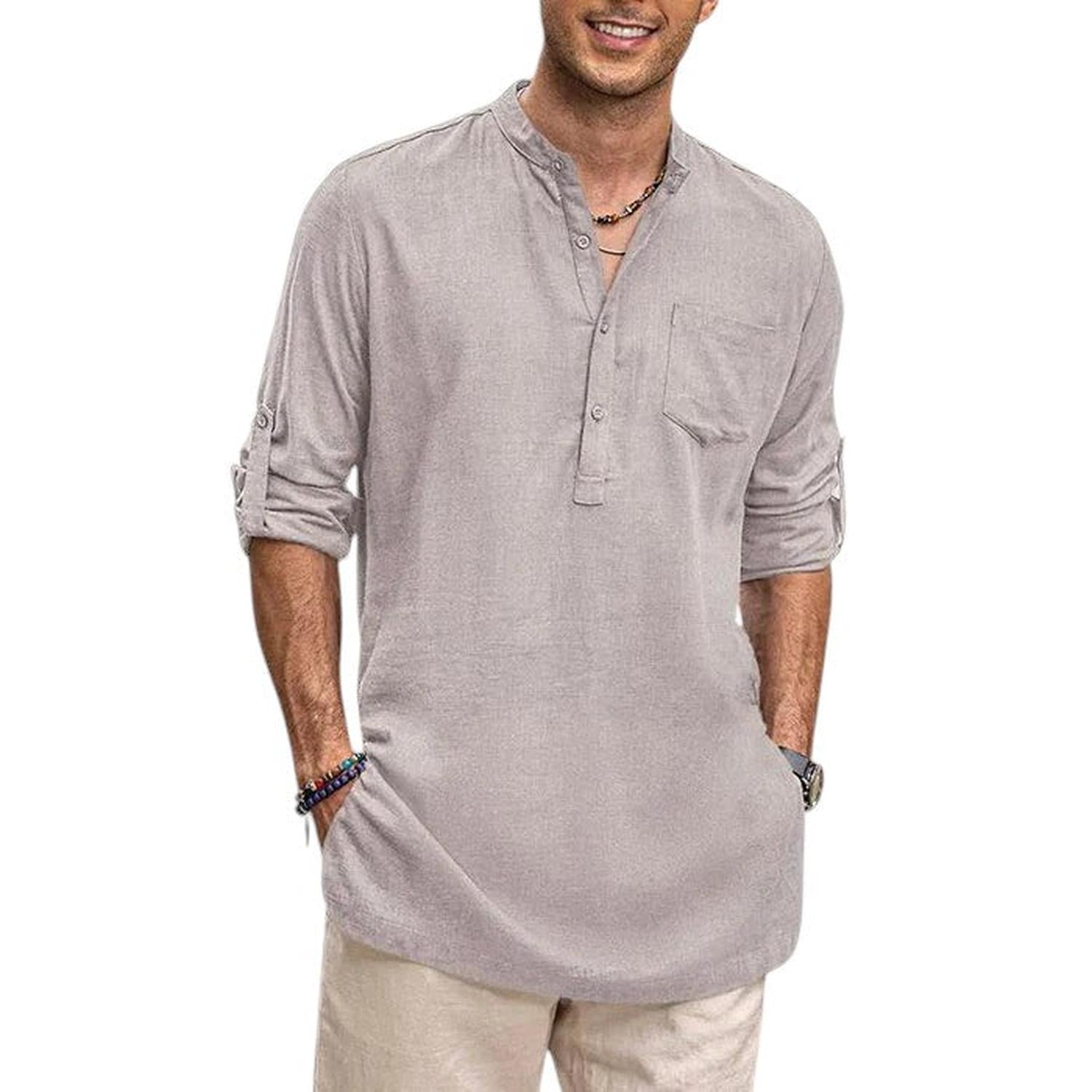 Henley Shirt Men Band Collar Breathable Long Sleeve Casual Fit