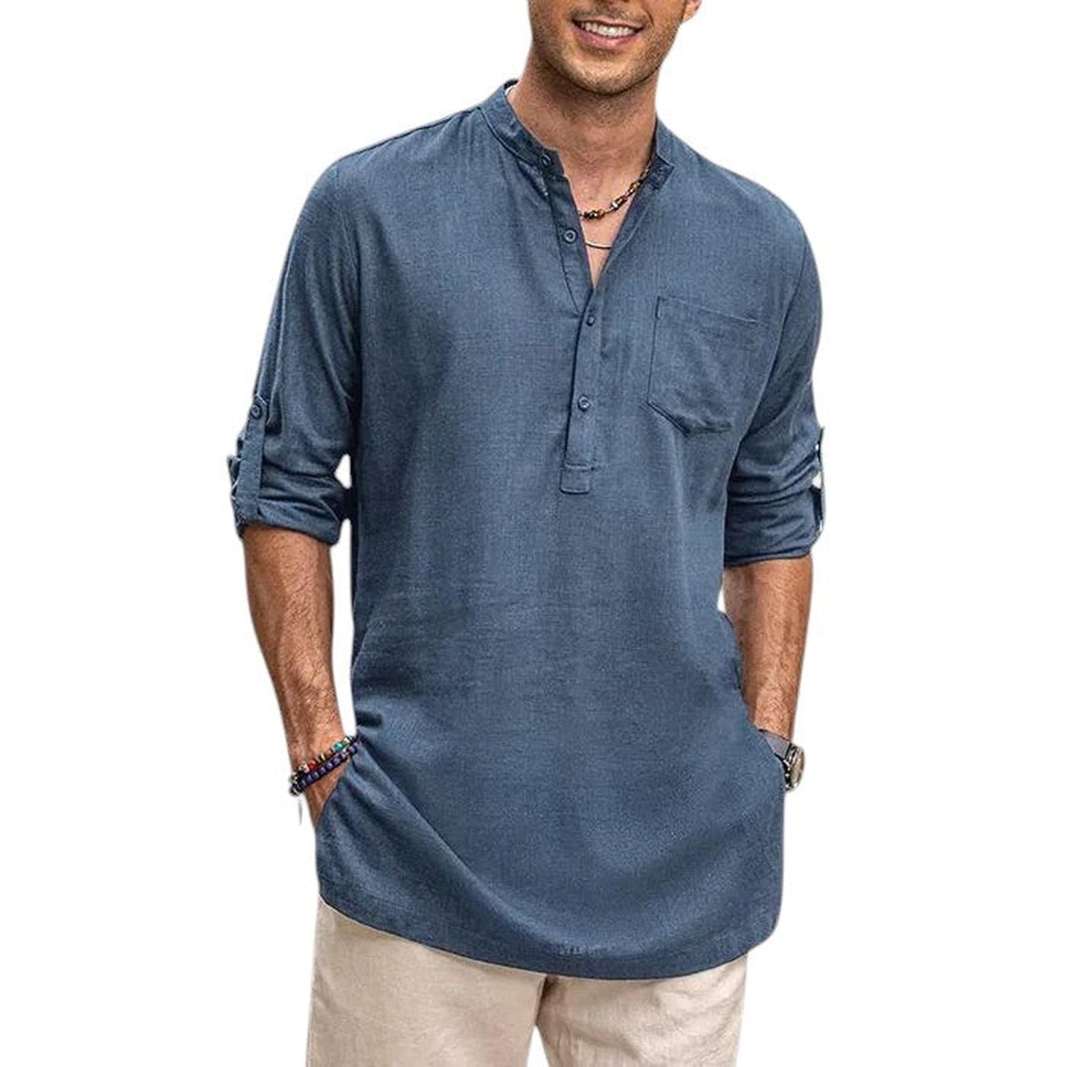 Henley Shirt Men Band Collar Breathable Long Sleeve Casual Fit