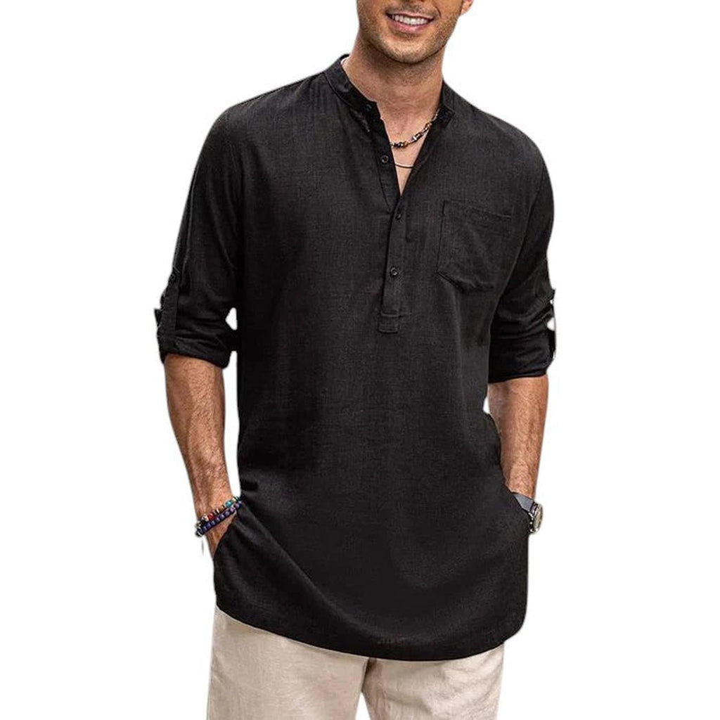 Henley Shirt Men Band Collar Breathable Long Sleeve Casual Fit