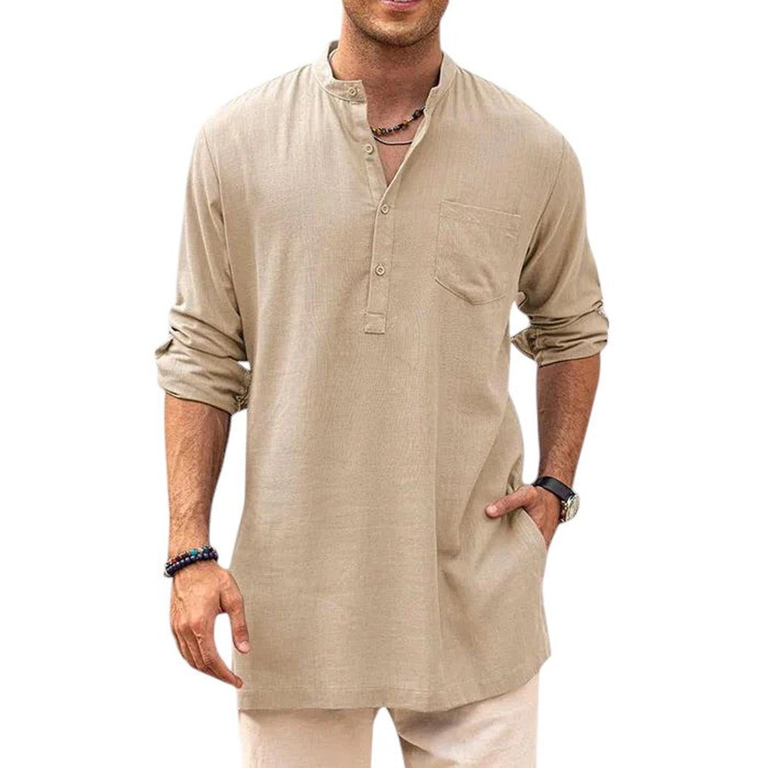 Henley Shirt Men Band Collar Breathable Long Sleeve Casual Fit