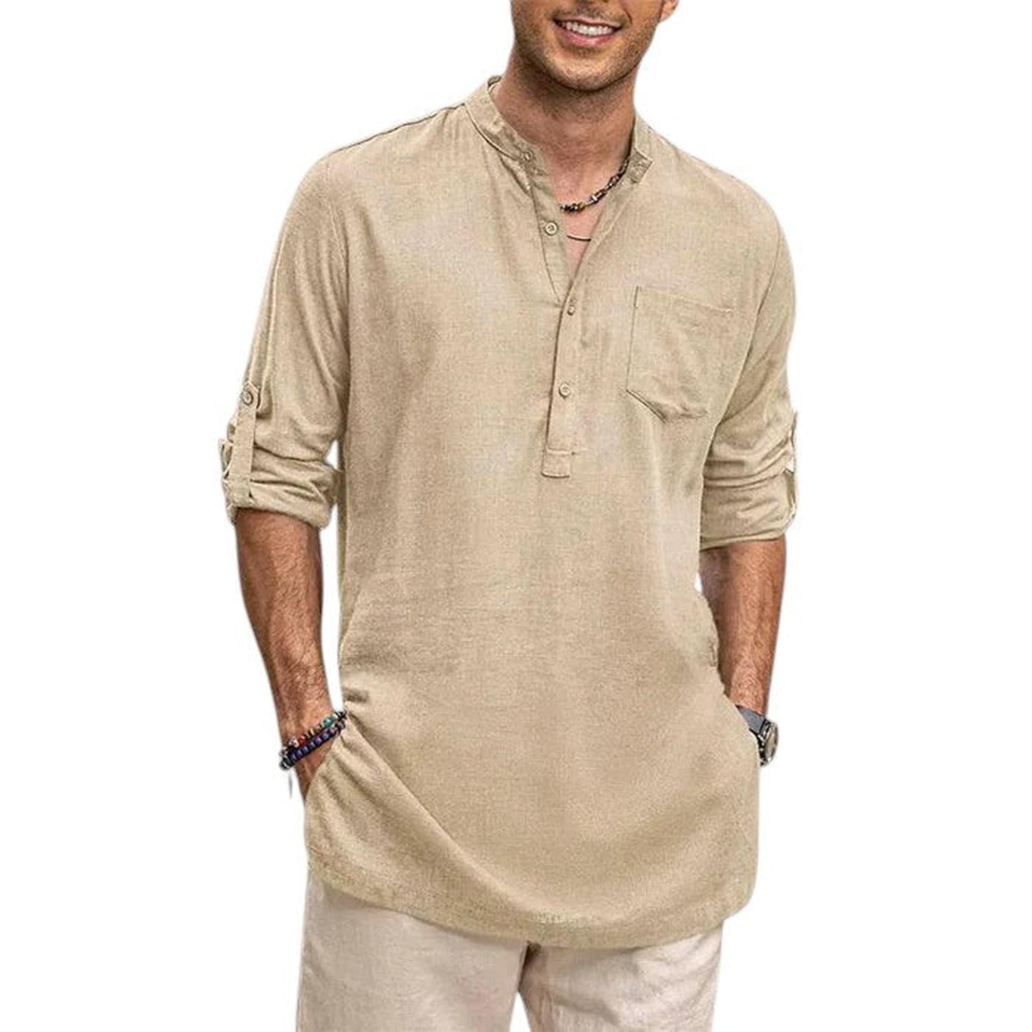 Henley Shirt Men Band Collar Breathable Long Sleeve Casual Fit