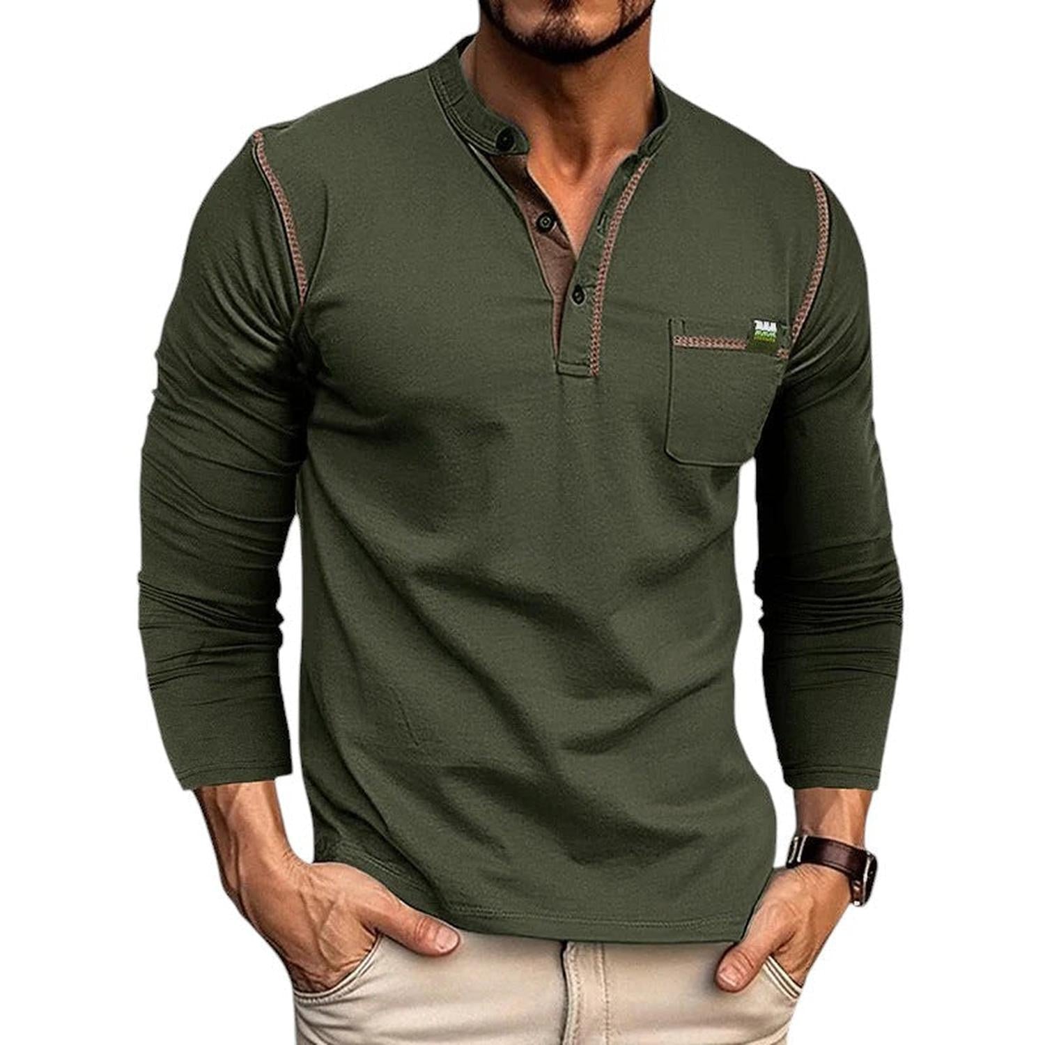 Henley Shirt Men 100% Cotton Long Sleeve Buttoned Placket Casual Fit
