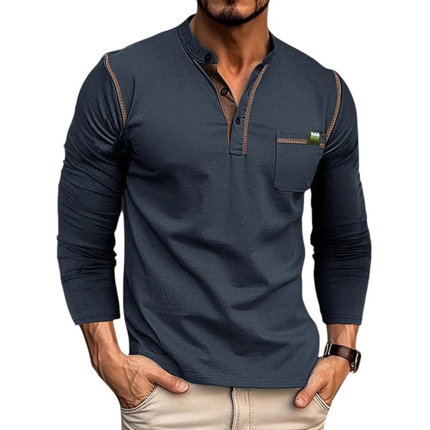 Henley Shirt Men 100% Cotton Long Sleeve Buttoned Placket Casual Fit