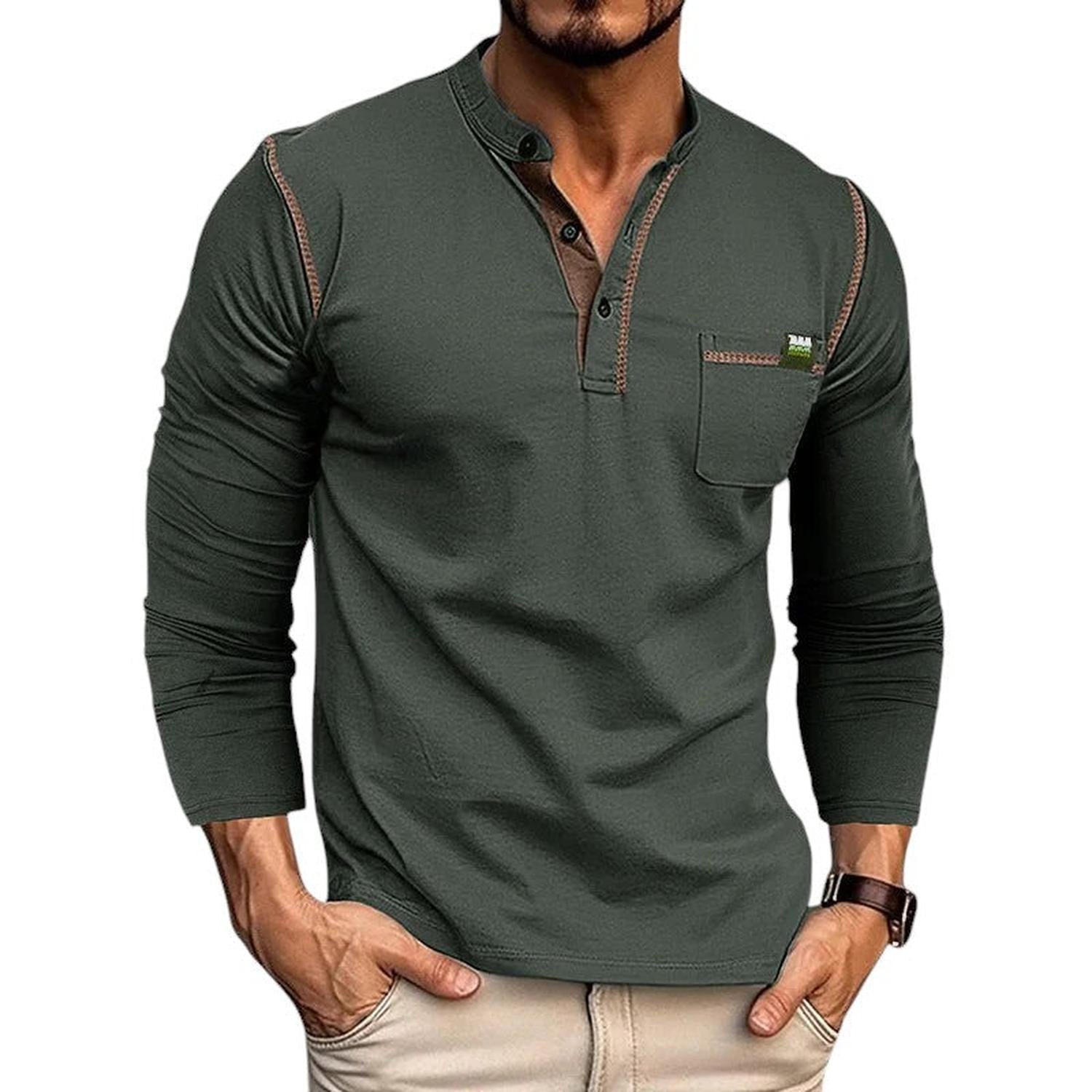 Henley Shirt Men 100% Cotton Long Sleeve Buttoned Placket Casual Fit