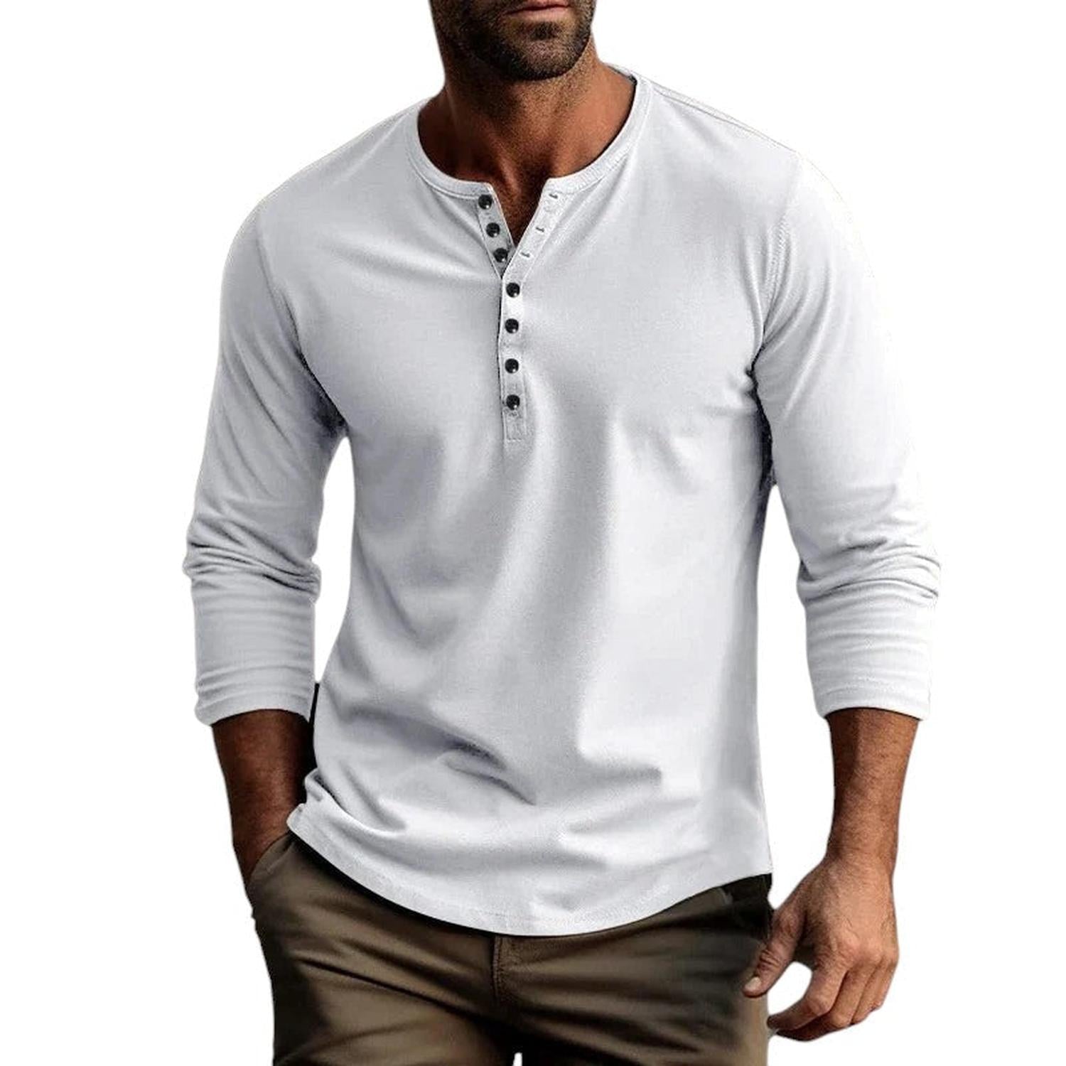 Henley Shirt Men Long Sleeve Regular Fit Button Placket Breathable