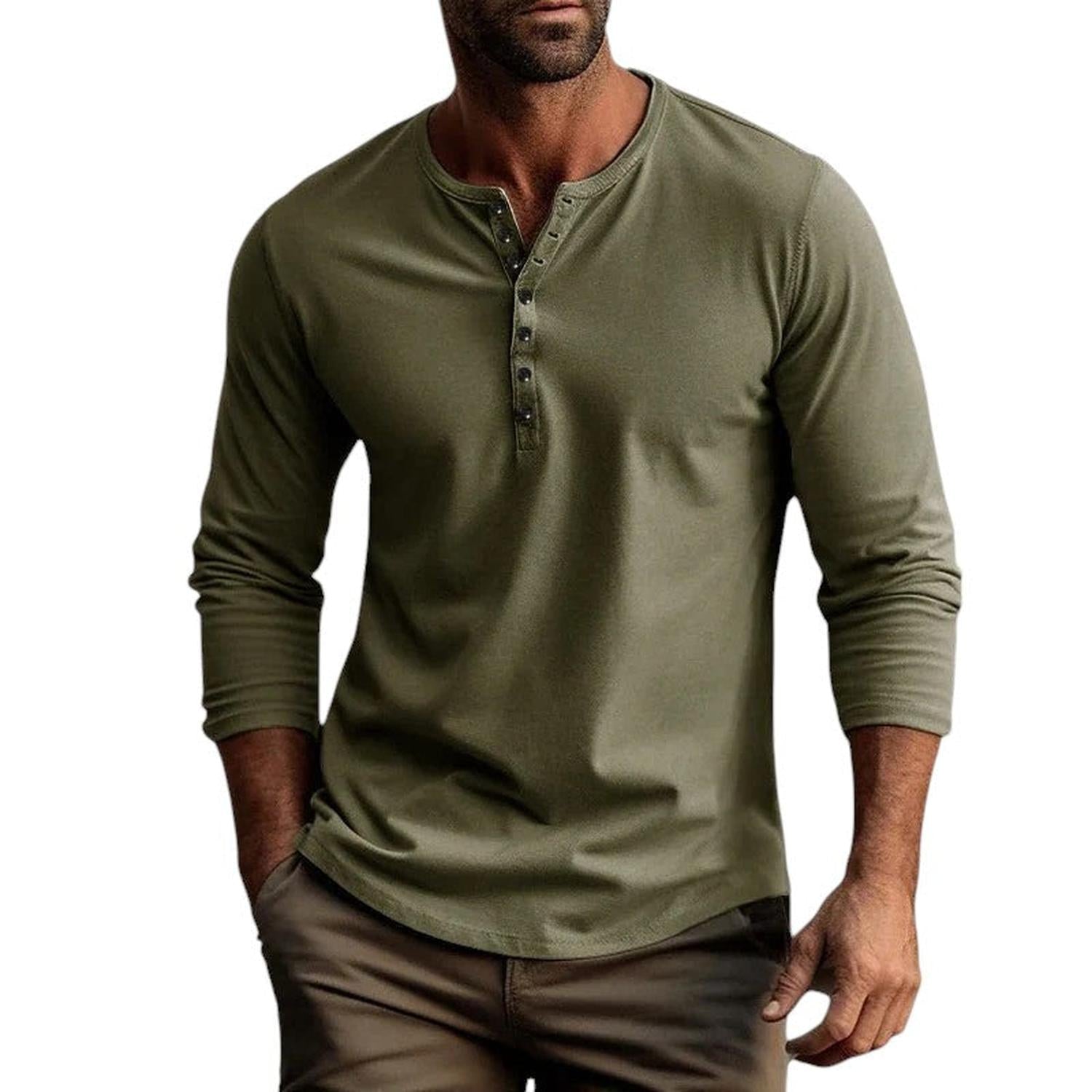 Henley Shirt Men Long Sleeve Regular Fit Button Placket Breathable