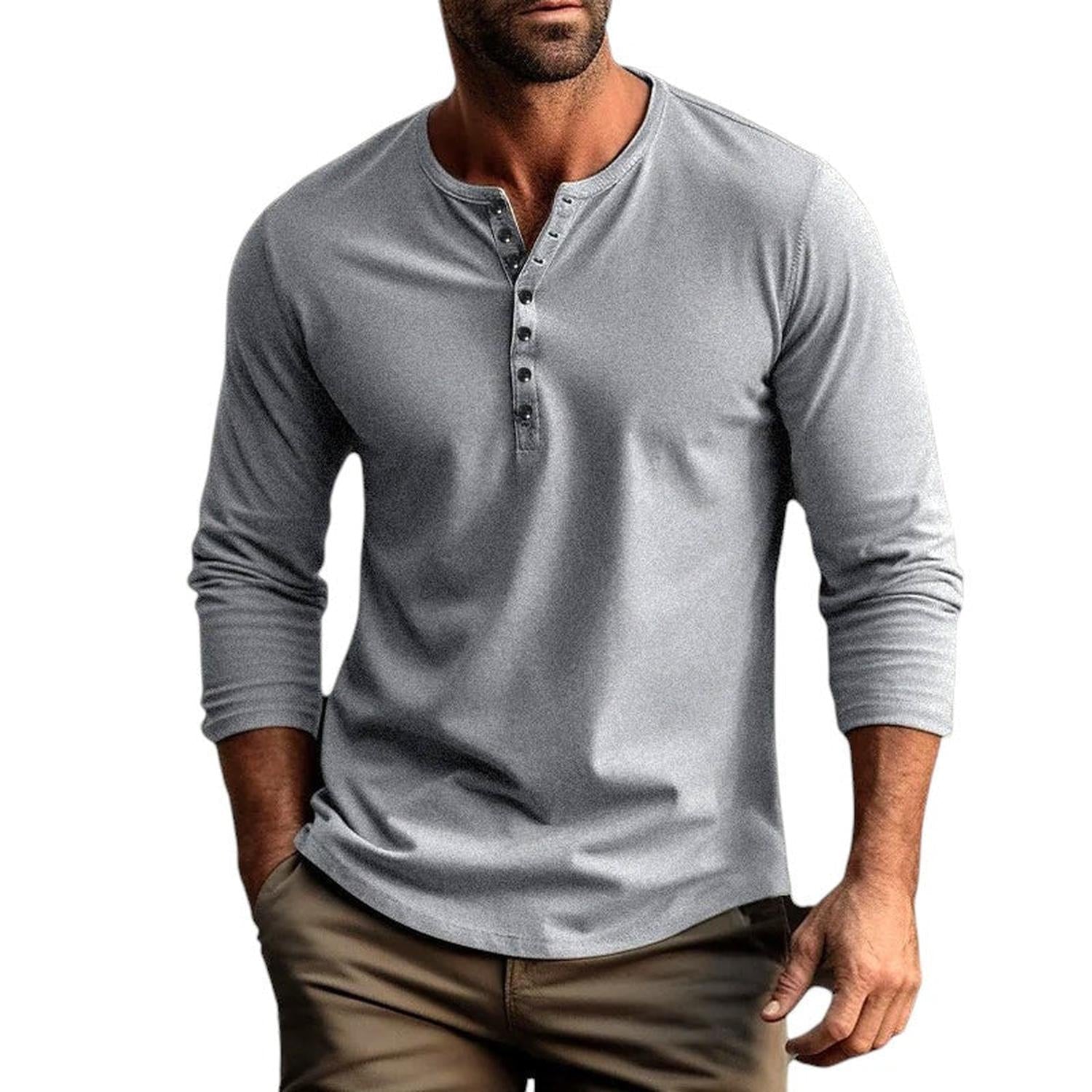 Henley Shirt Men Long Sleeve Regular Fit Button Placket Breathable