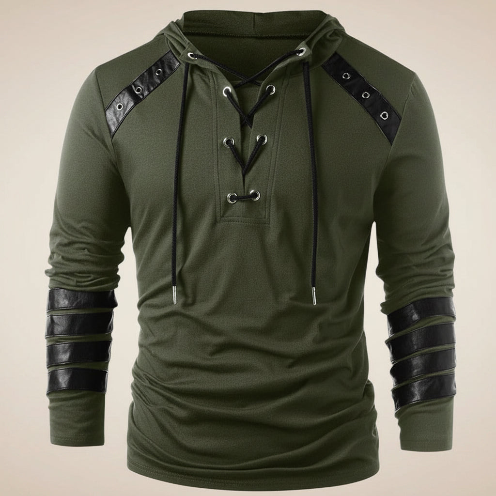 Hoodie Men Lace-Up V-Neck Faux Leather Panels Long Sleeve Casual Wear