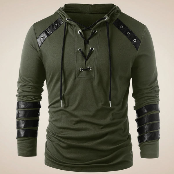 Hoodie Men Lace-Up V-Neck Faux Leather Panels Long Sleeve Casual Wear
