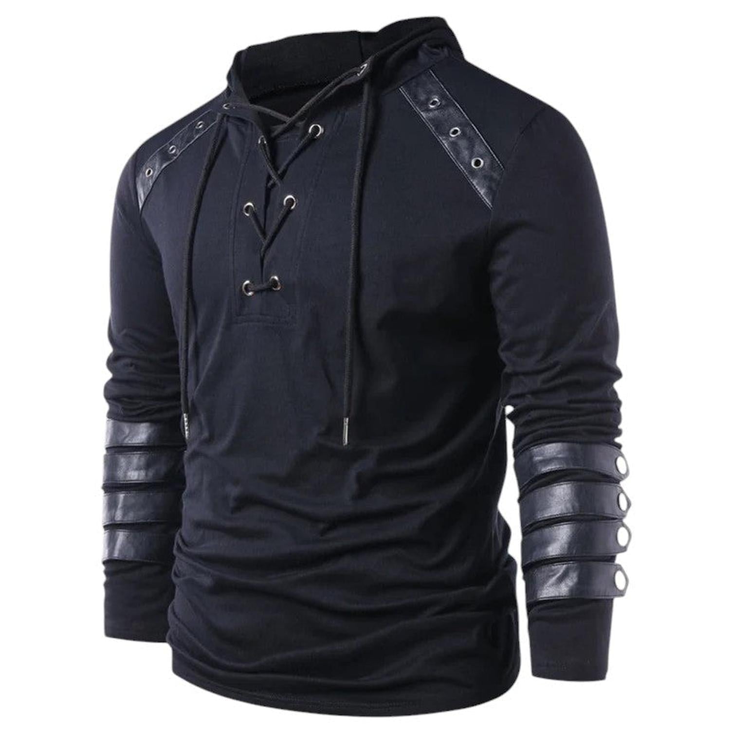 Hoodie Men Lace-Up V-Neck Faux Leather Panels Long Sleeve Casual Wear
