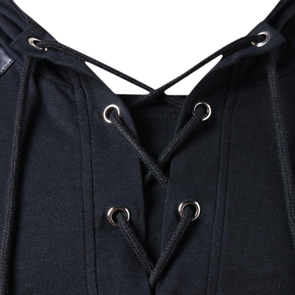 Hoodie Men Lace-Up V-Neck Faux Leather Panels Long Sleeve Casual Wear