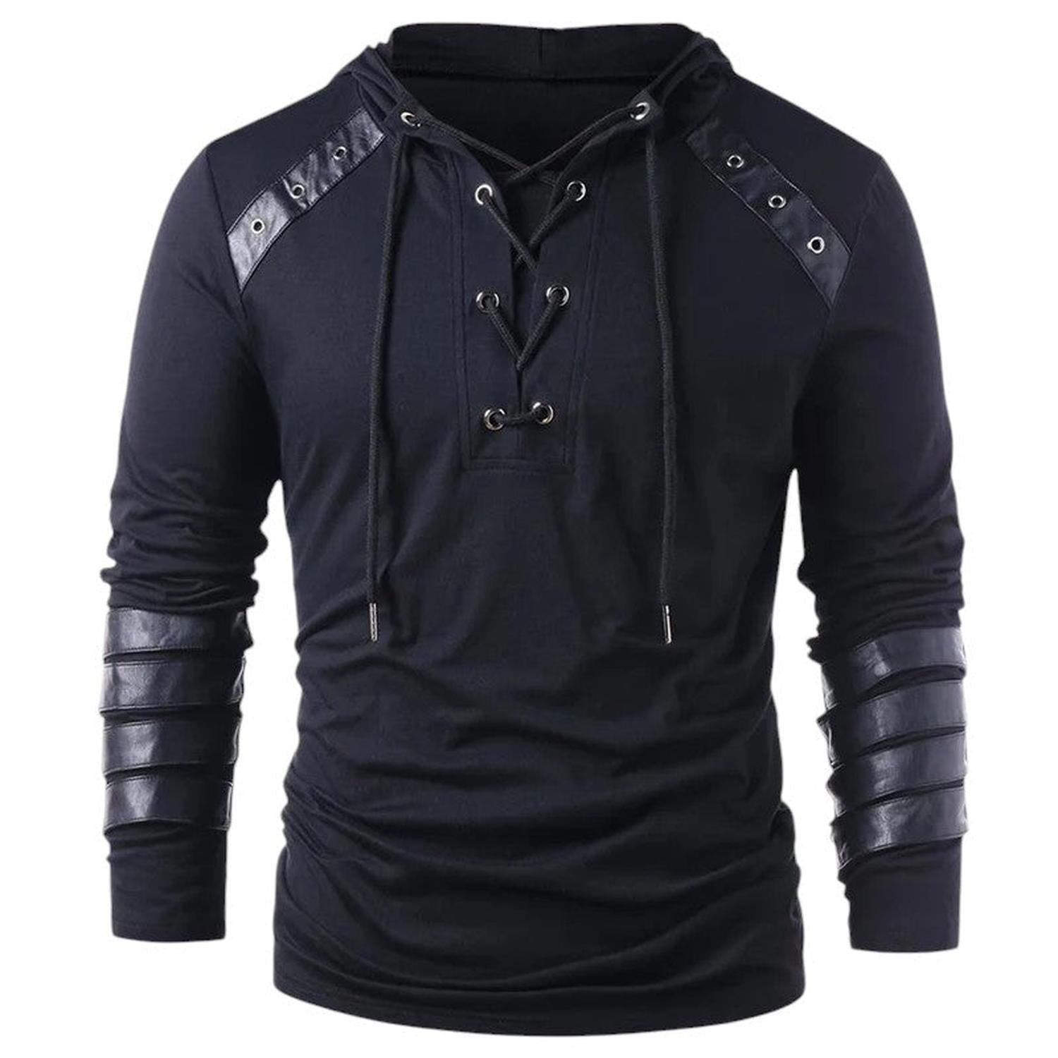 Hoodie Men Lace-Up V-Neck Faux Leather Panels Long Sleeve Casual Wear