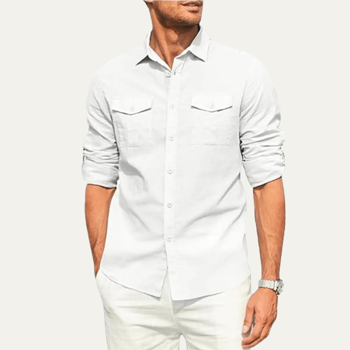 Men's Linen Shirt - Loose Fit Long Sleeve Button Closure