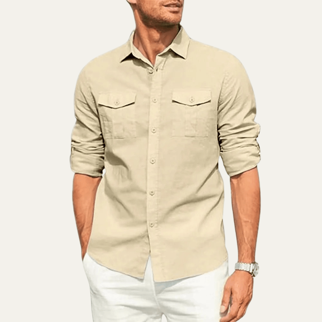 Men's Linen Shirt - Loose Fit Long Sleeve Button Closure