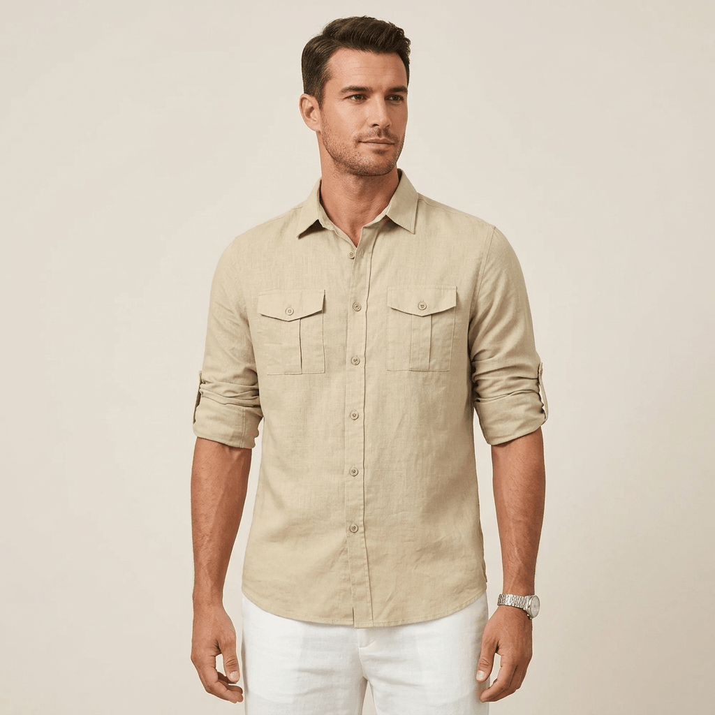 Men's Linen Shirt - Loose Fit Long Sleeve Button Closure