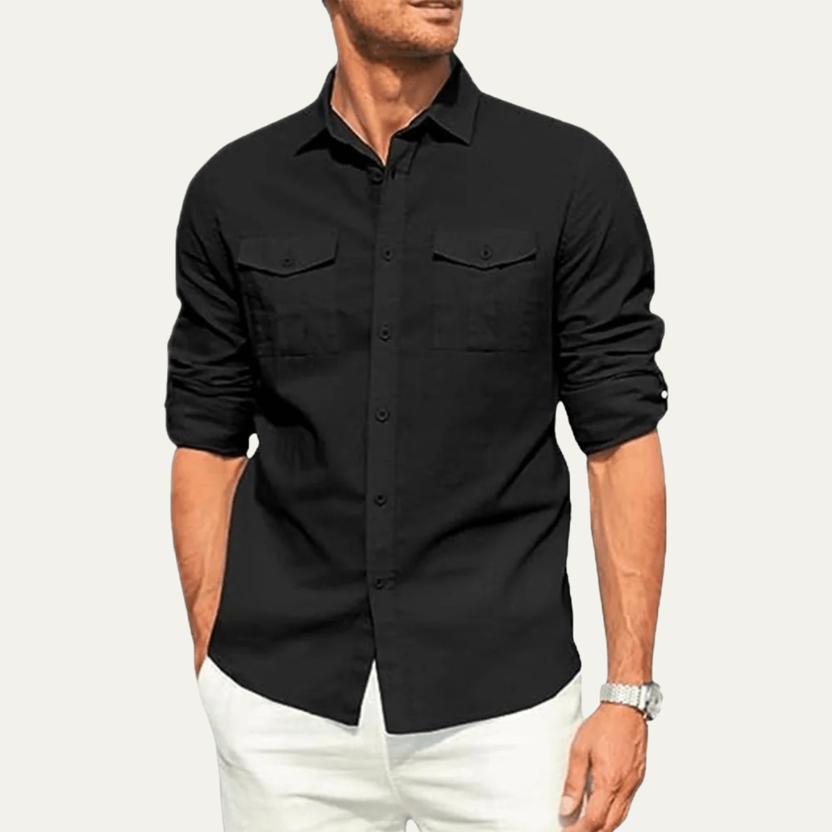 Men's Linen Shirt - Loose Fit Long Sleeve Button Closure
