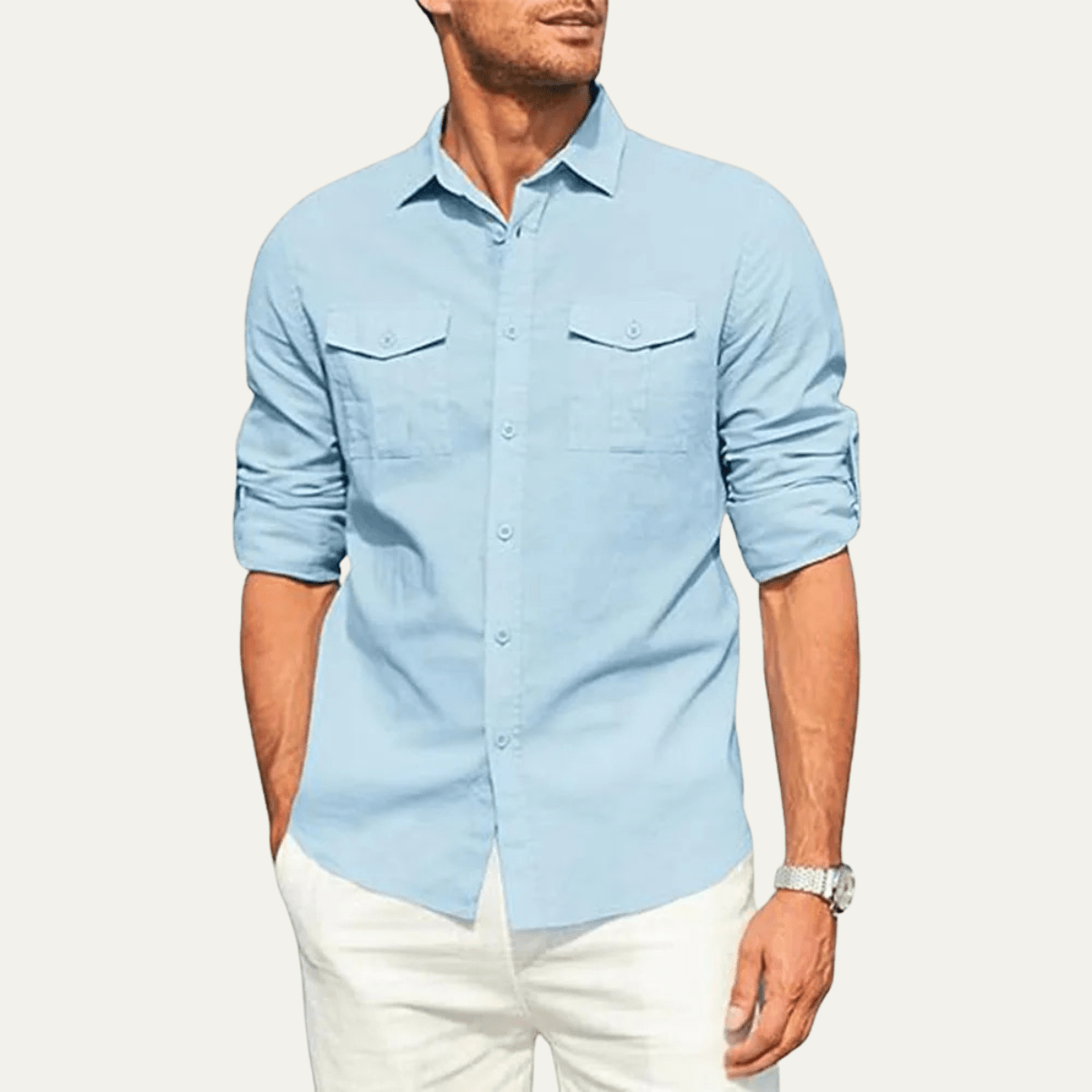 Men's Linen Shirt - Loose Fit Long Sleeve Button Closure