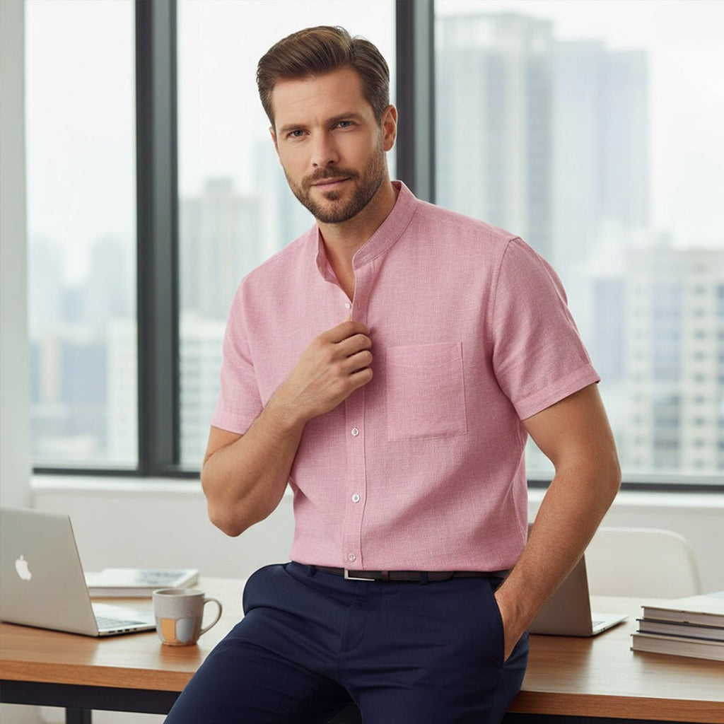 Men's Linen Shirt - Oversized Fit Short Sleeve Button Front