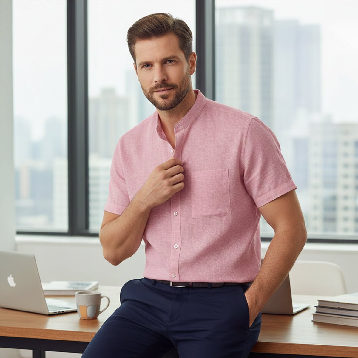 Men's Linen Shirt - Oversized Fit Short Sleeve Button Front