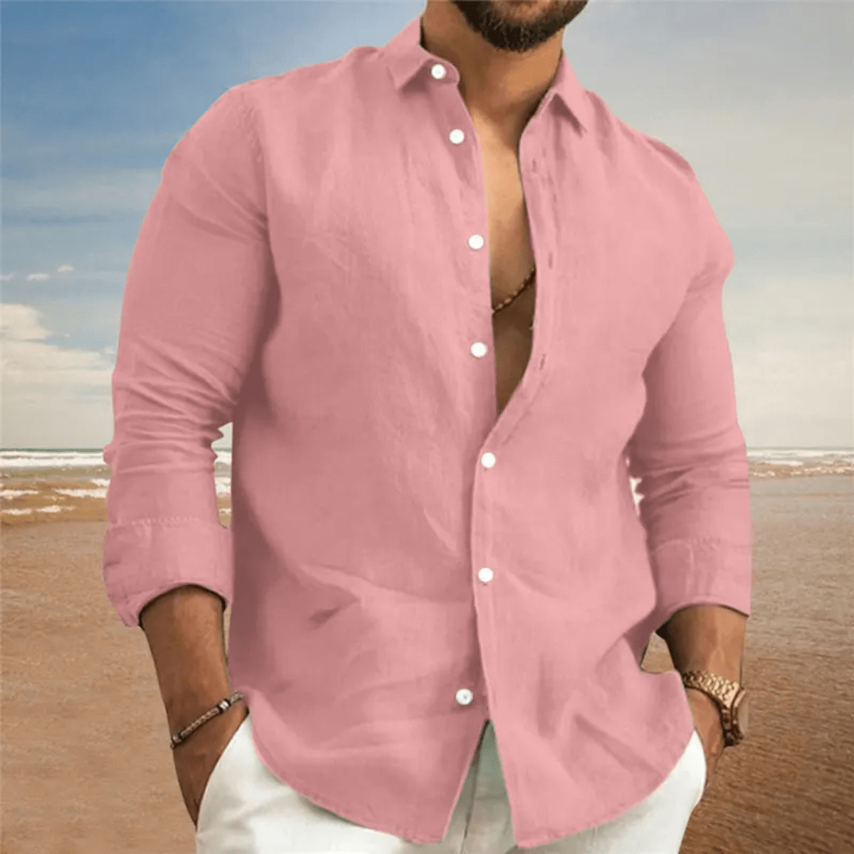 Men's Linen Shirt - Regular Fit Long Sleeve Button Down