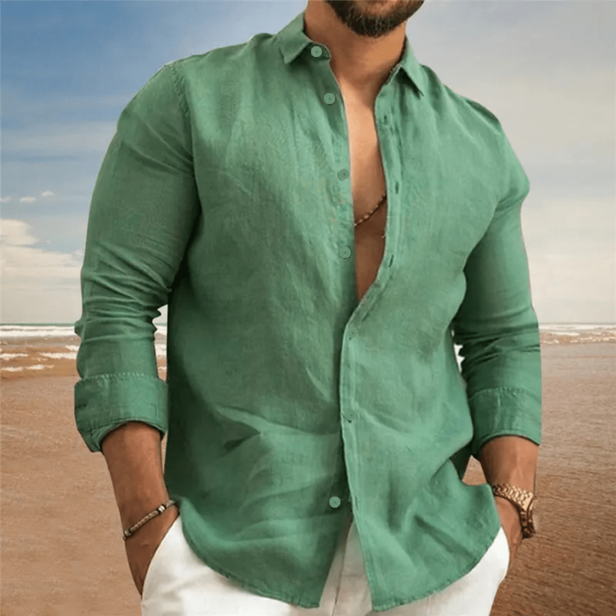 Men's Linen Shirt - Regular Fit Long Sleeve Button Down