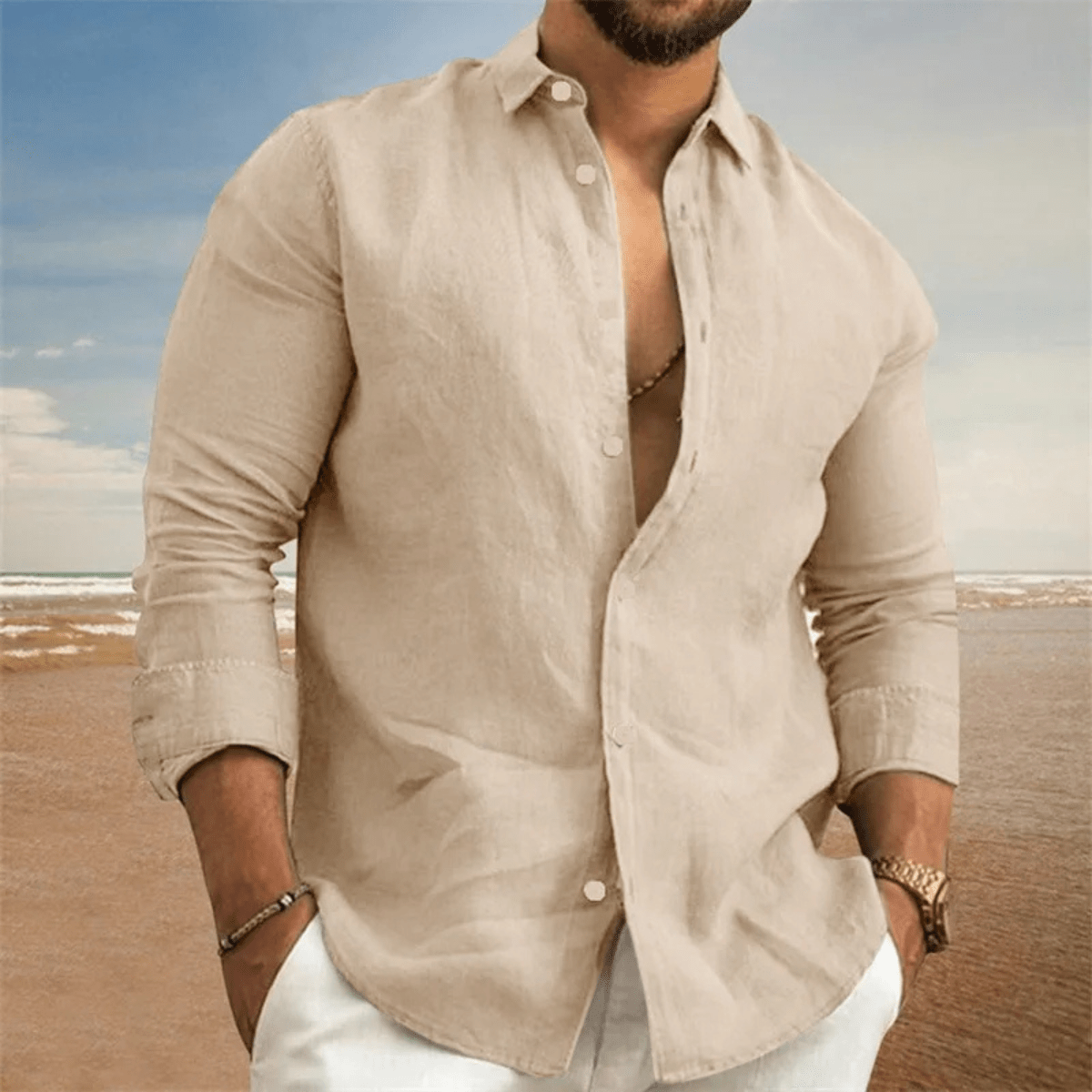 Men's Linen Shirt - Regular Fit Long Sleeve Button Down