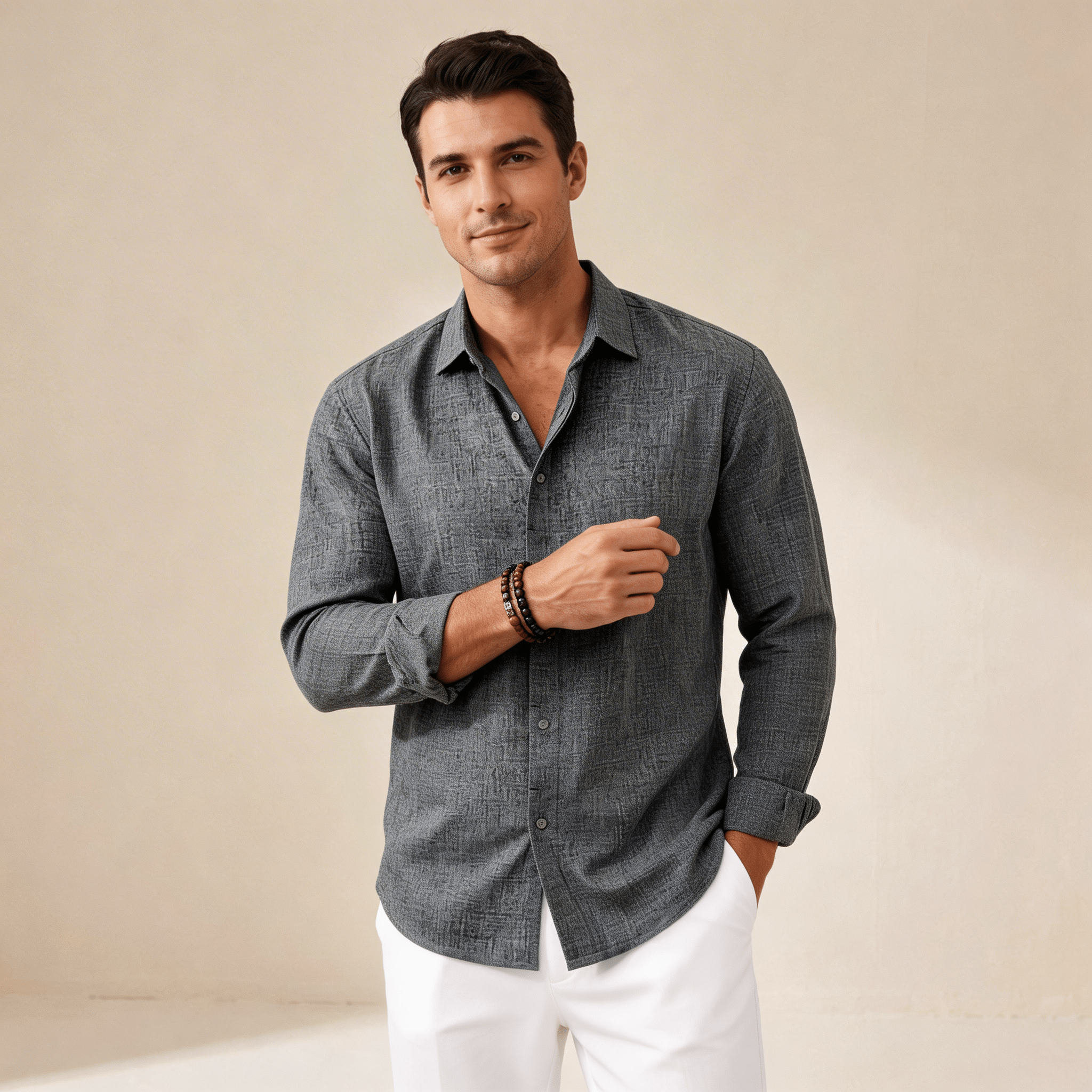 Men's Linen Shirt - Regular Fit Long Sleeve Button Placket