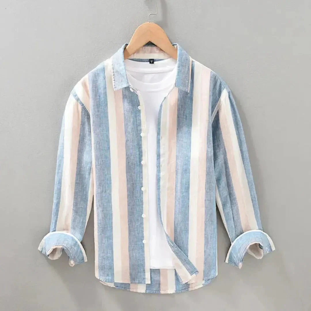 Men's Linen Shirt -Relaxed Fit Long Sleeve Button Closure