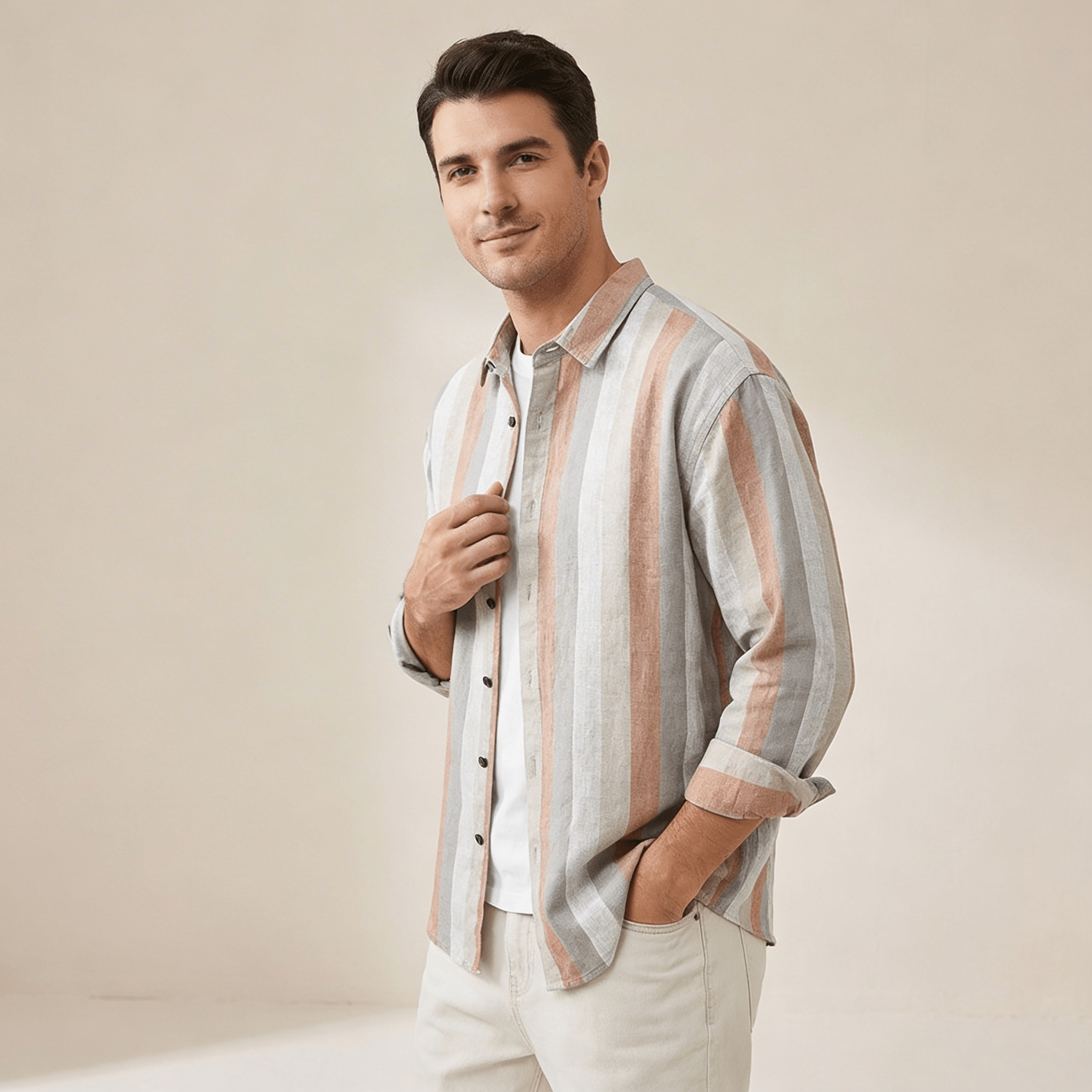 Men's Linen Shirt -Relaxed Fit Long Sleeve Button Closure