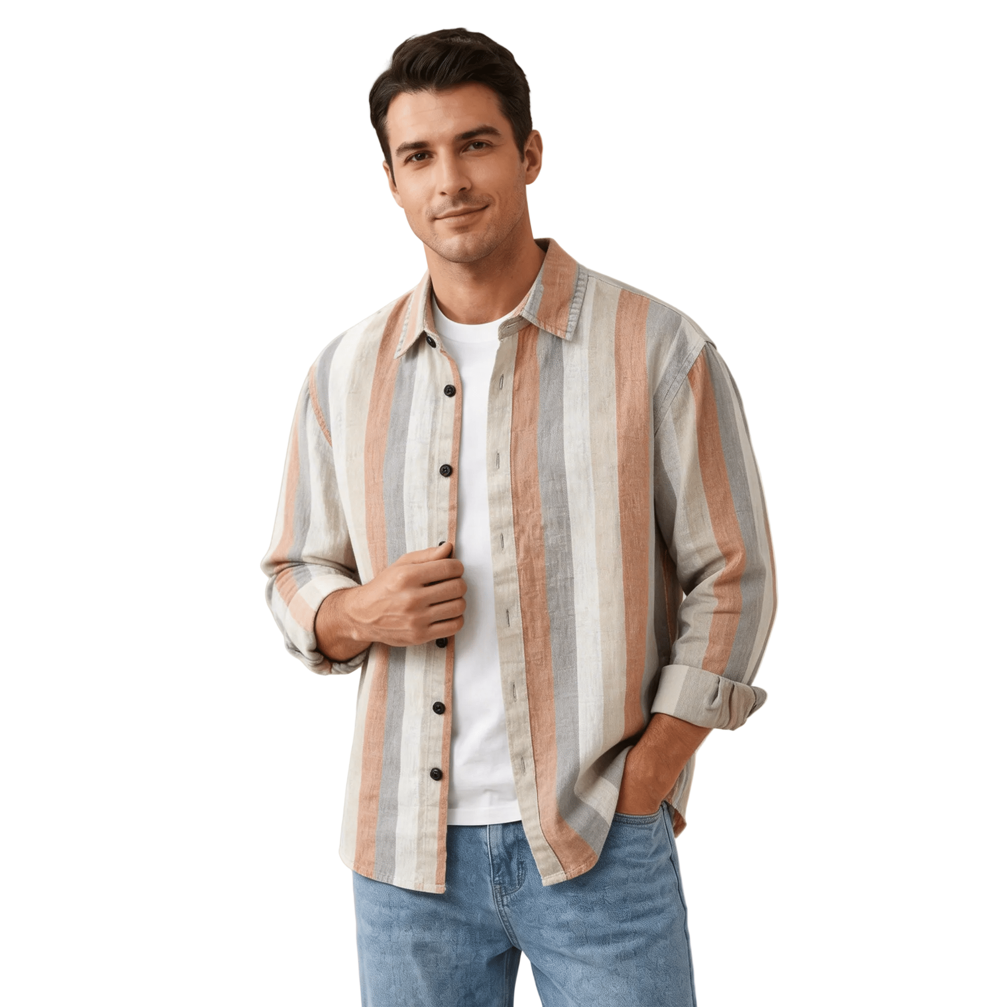 Men's Linen Shirt -Relaxed Fit Long Sleeve Button Closure