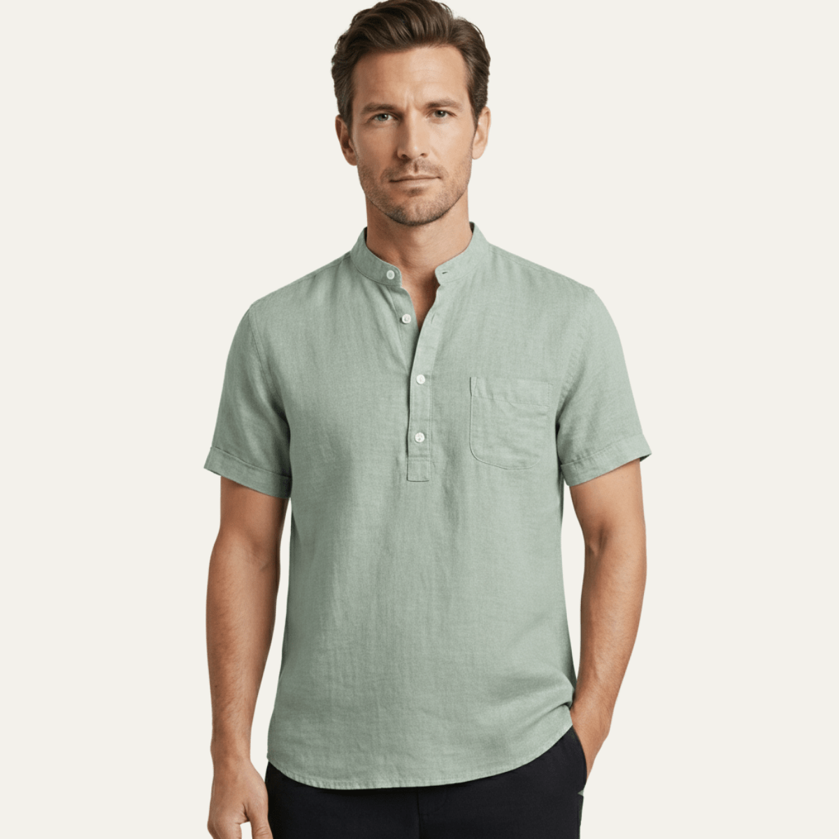 Men's Linen Shirt - Relaxed Fit Short Sleeve Henley Neck