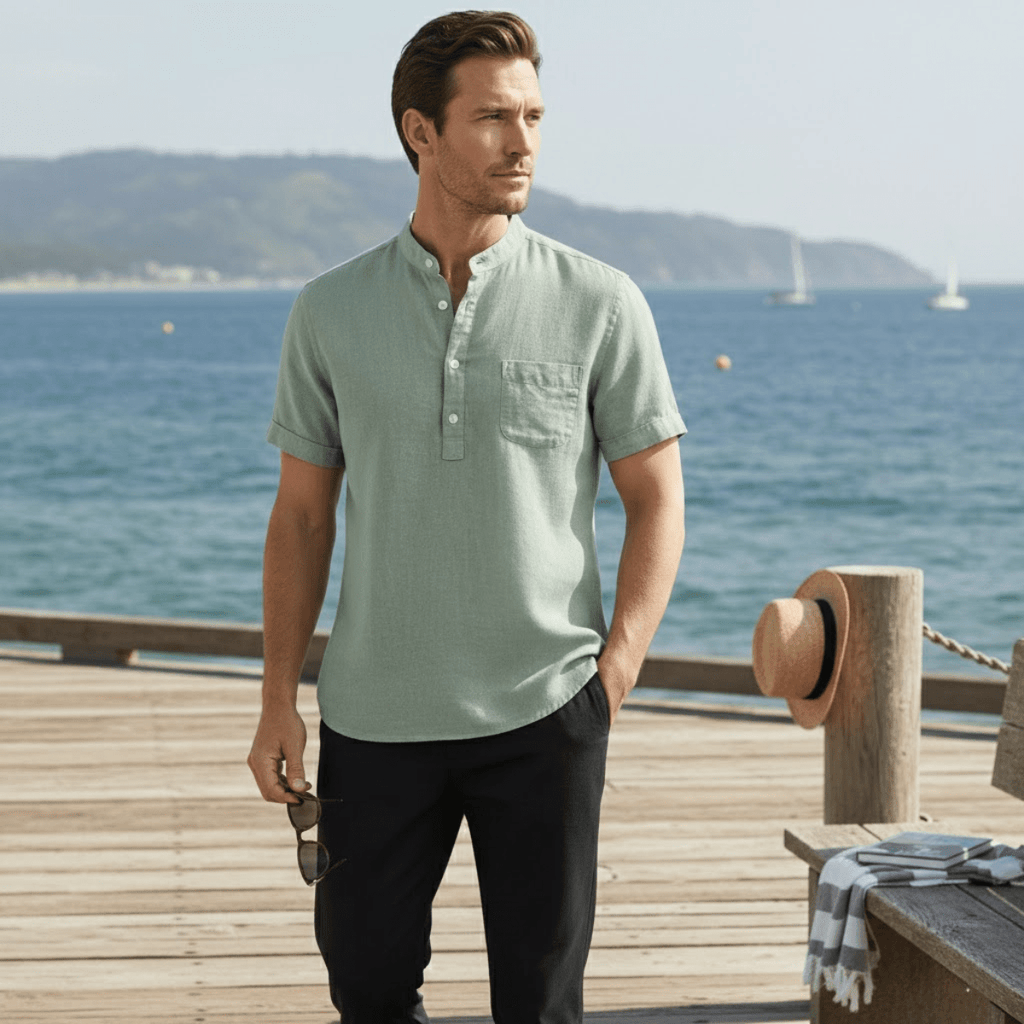 Men's Linen Shirt - Relaxed Fit Short Sleeve Henley Neck