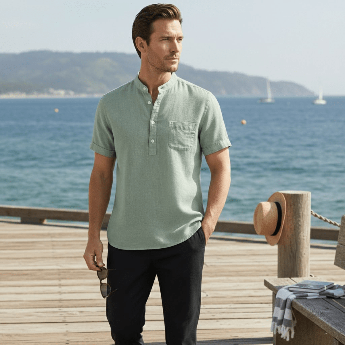 Men's Linen Shirt - Relaxed Fit Short Sleeve Henley Neck