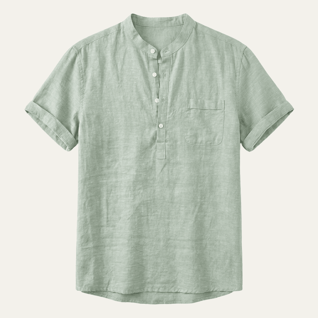 Men's Linen Shirt - Relaxed Fit Short Sleeve Henley Neck