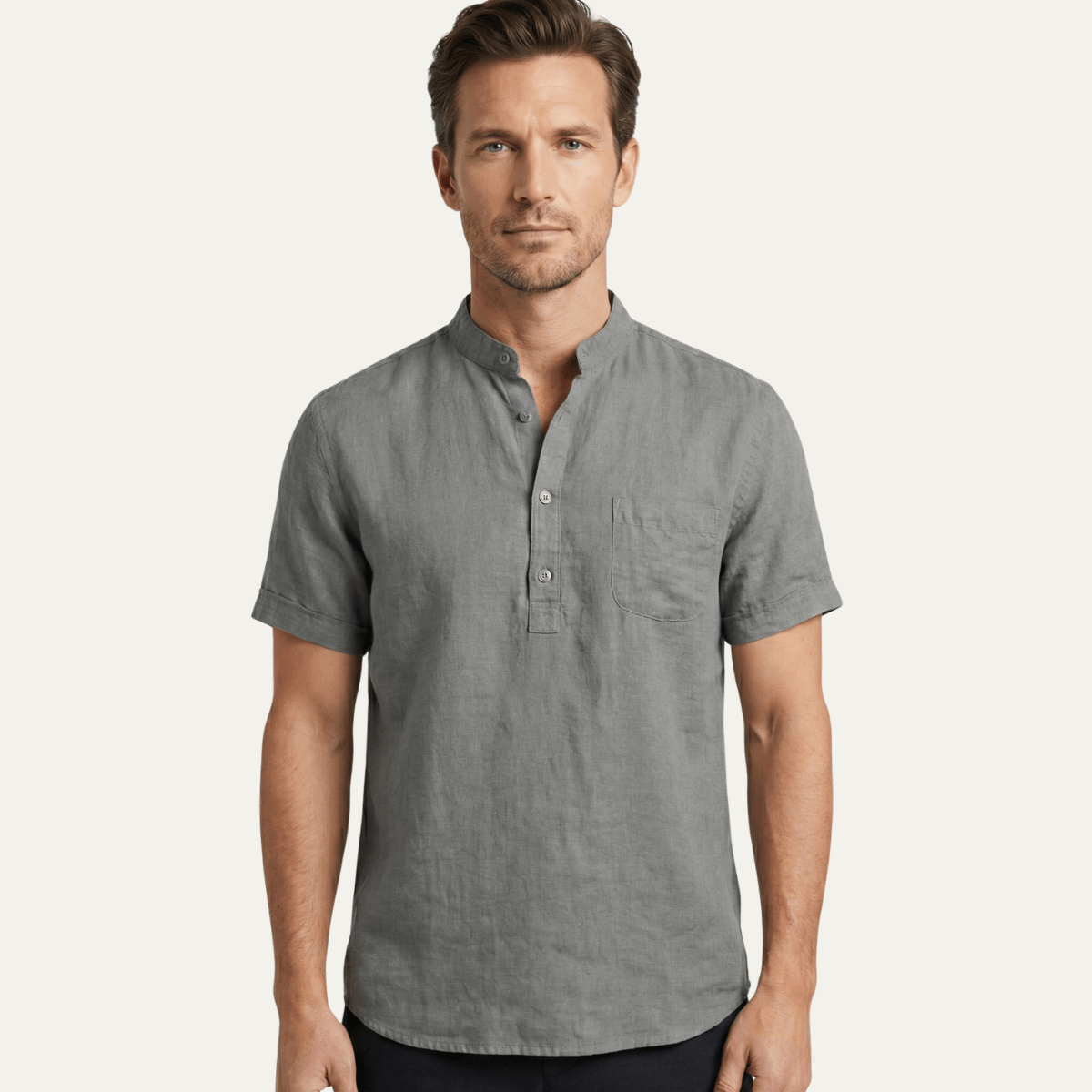 Men's Linen Shirt - Relaxed Fit Short Sleeve Henley Neck