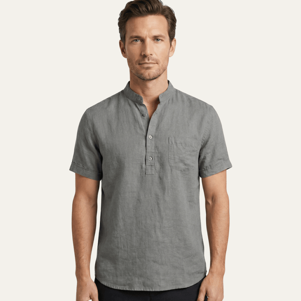 Chemise en lin homme - Col tunisien, coupe décontractée, manches courtes