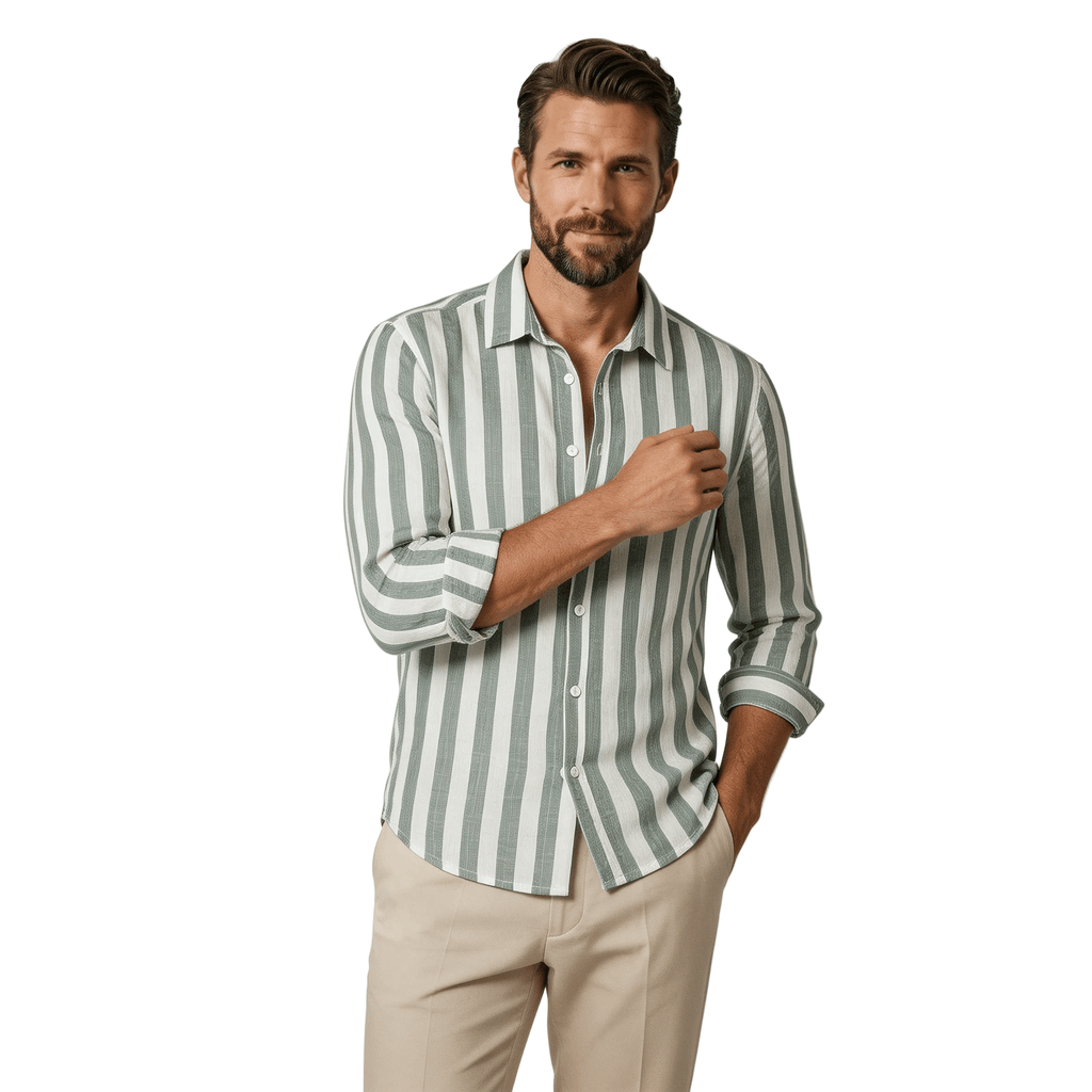 Men's Linen Shirt - Relaxed Fit Striped Button Placket