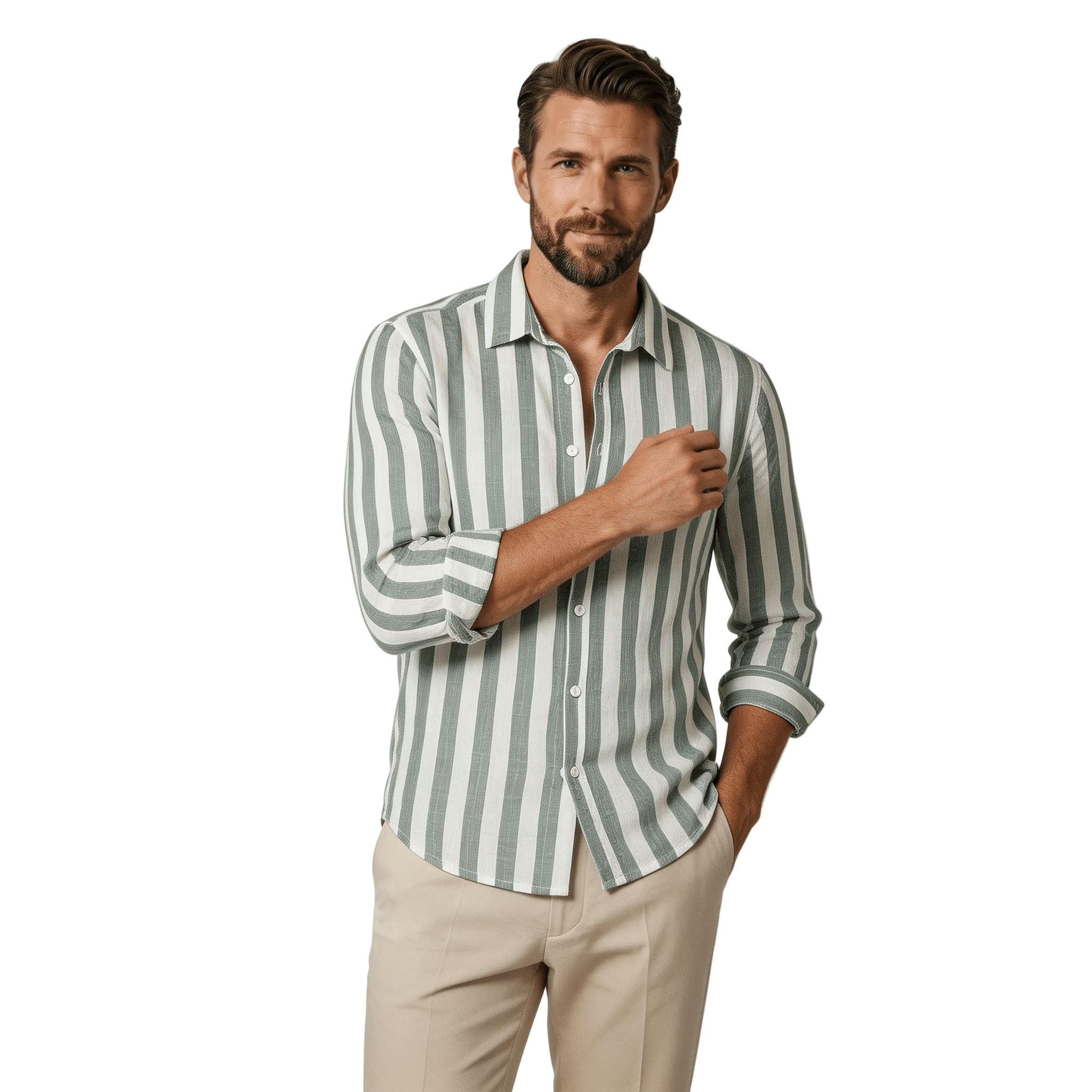 Men's Linen Shirt - Relaxed Fit Striped Button Placket
