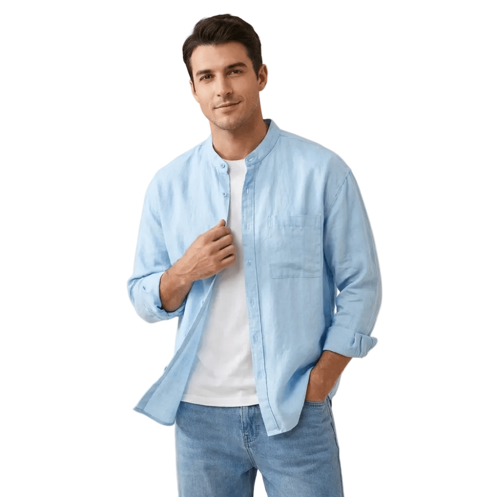 Men's Linen Shirt - Relaxed Fit Three Quarter Sleeve Button Front
