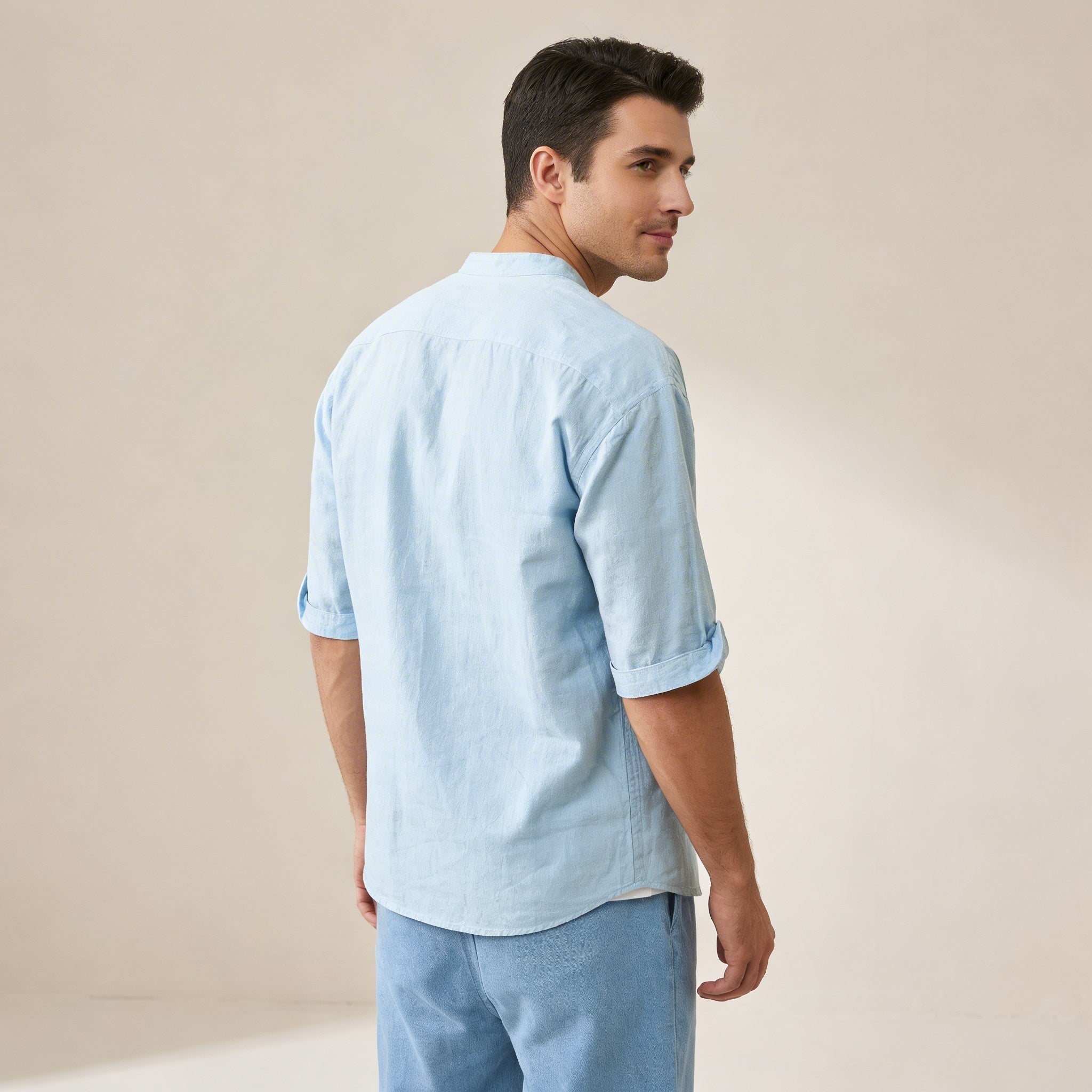 Men's Linen Shirt - Relaxed Fit Three Quarter Sleeve Button Front
