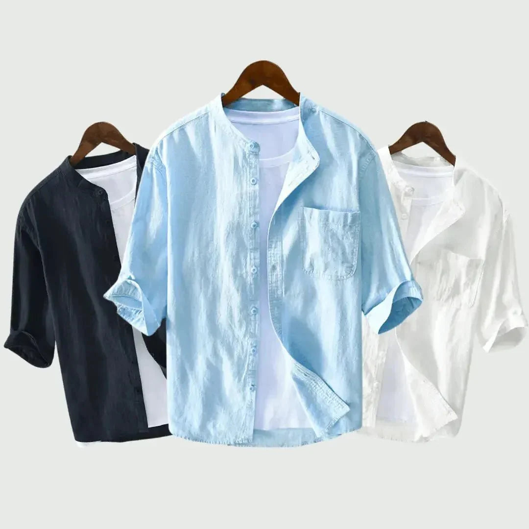 Men's Linen Shirt - Relaxed Fit Three Quarter Sleeve Button Front