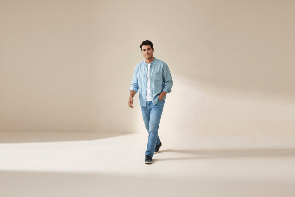 Men's Linen Shirt - Relaxed Fit Three Quarter Sleeve Button Front