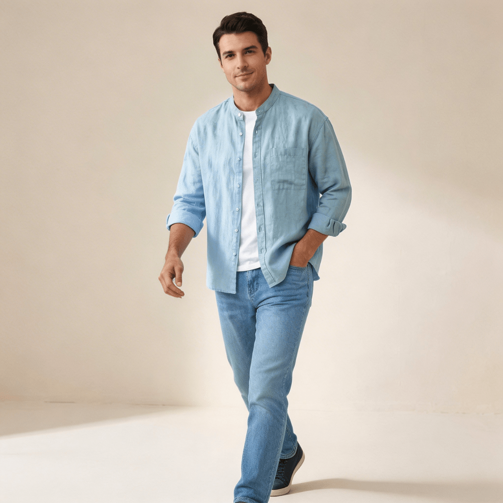 Men's Linen Shirt - Relaxed Fit Three Quarter Sleeve Button Front