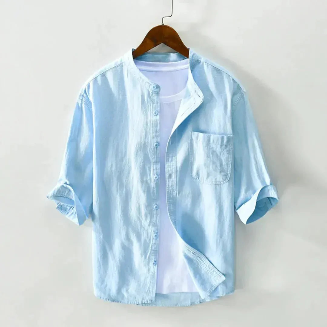 Men's Linen Shirt - Relaxed Fit Three Quarter Sleeve Button Front