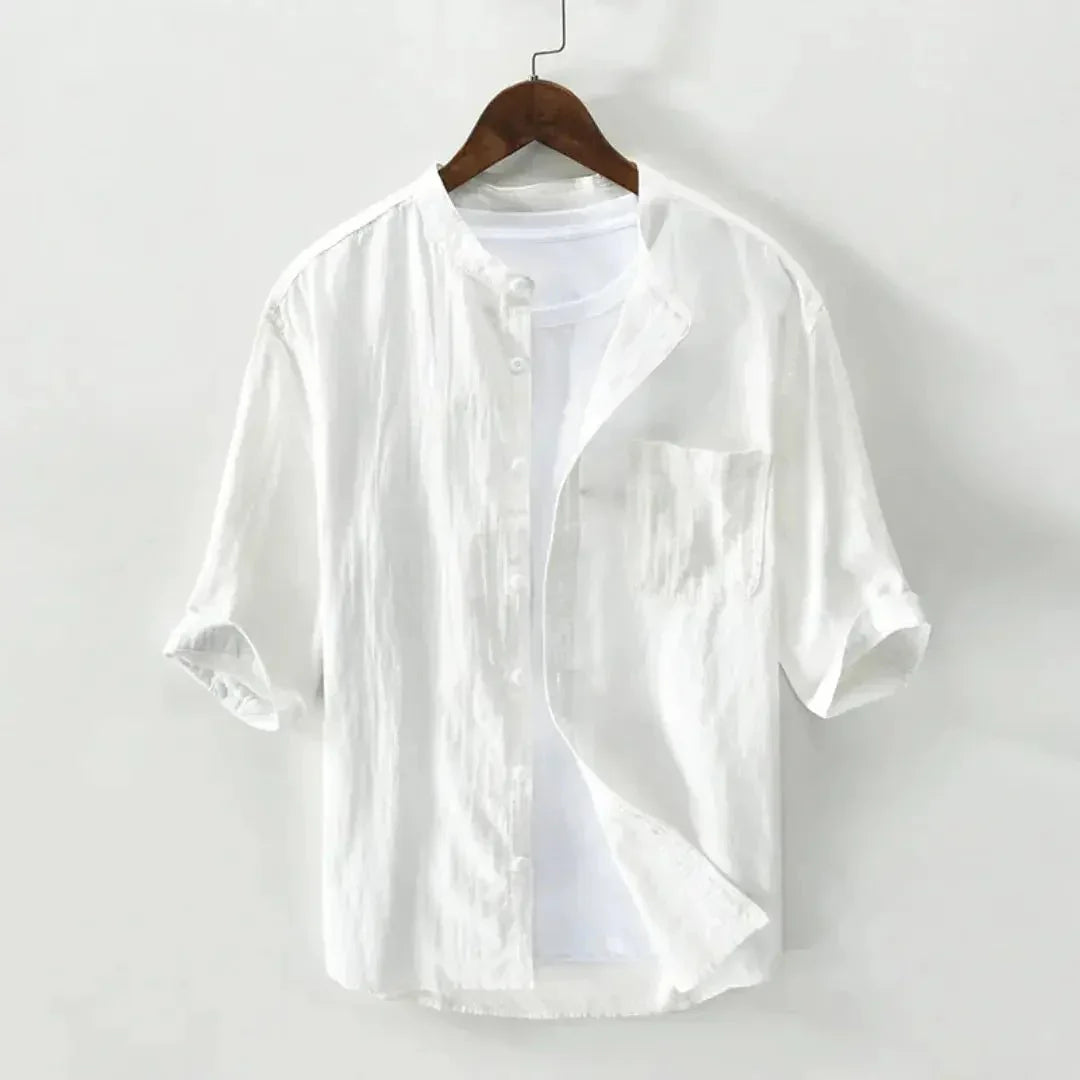 Men's Linen Shirt - Relaxed Fit Three Quarter Sleeve Button Front
