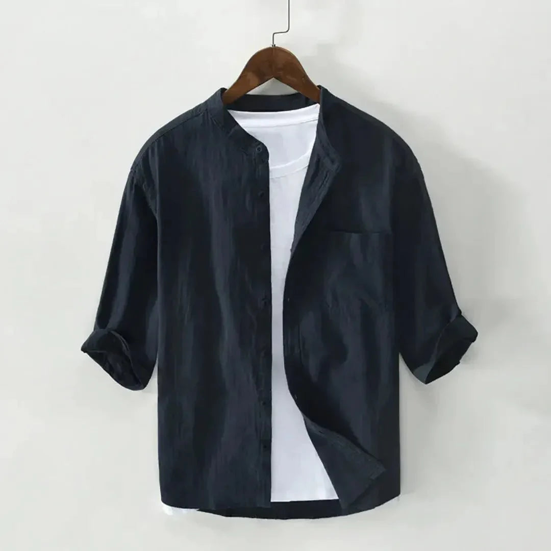Men's Linen Shirt - Relaxed Fit Three Quarter Sleeve Button Front
