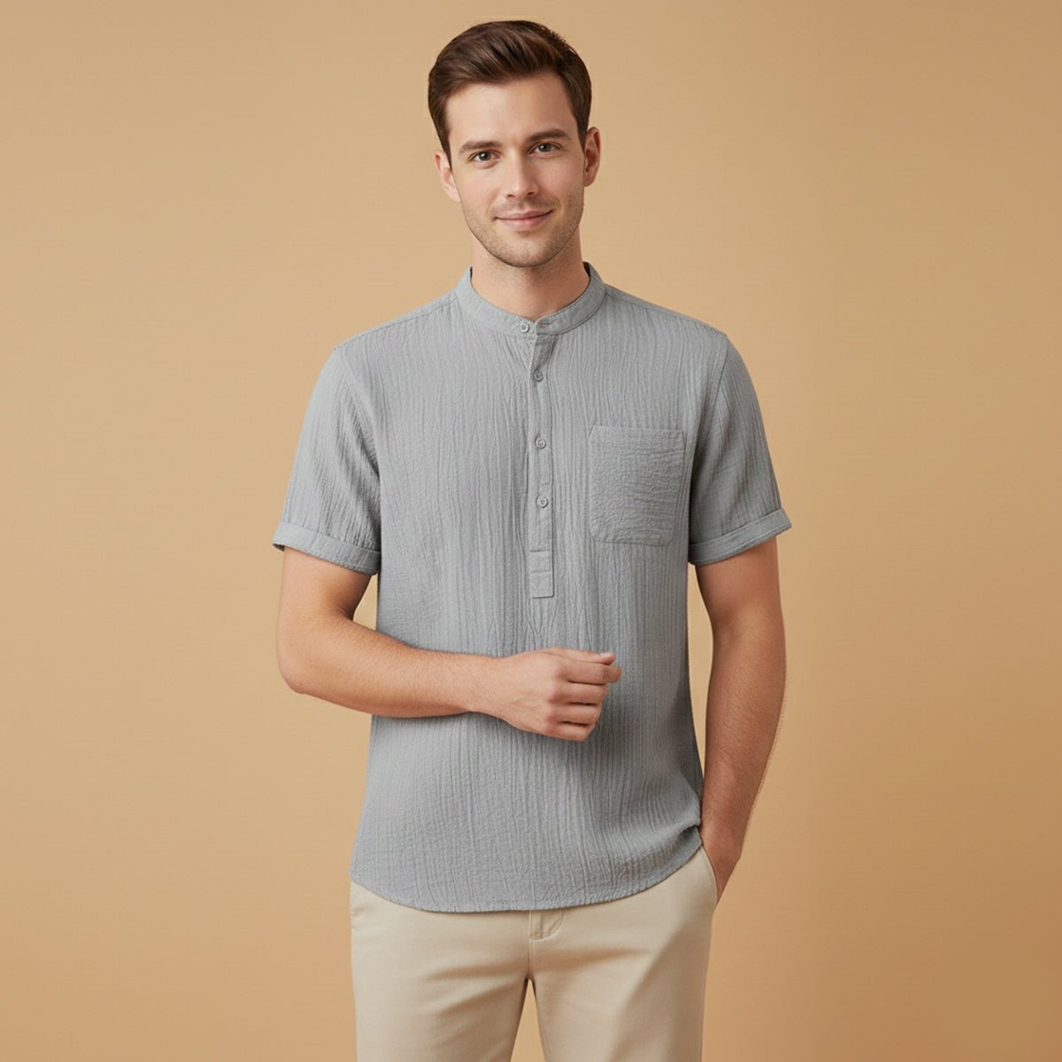 Men's Linen Shirt - Short Sleeve Henley Neck Pullover Style