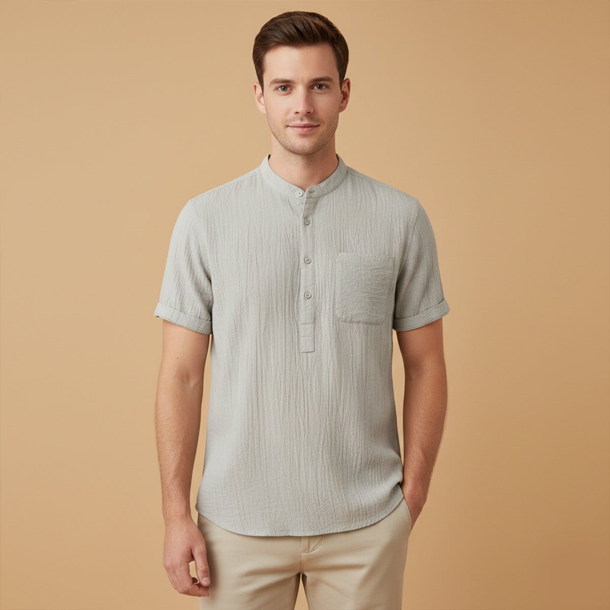 Men's Linen Shirt - Short Sleeve Henley Neck Pullover Style